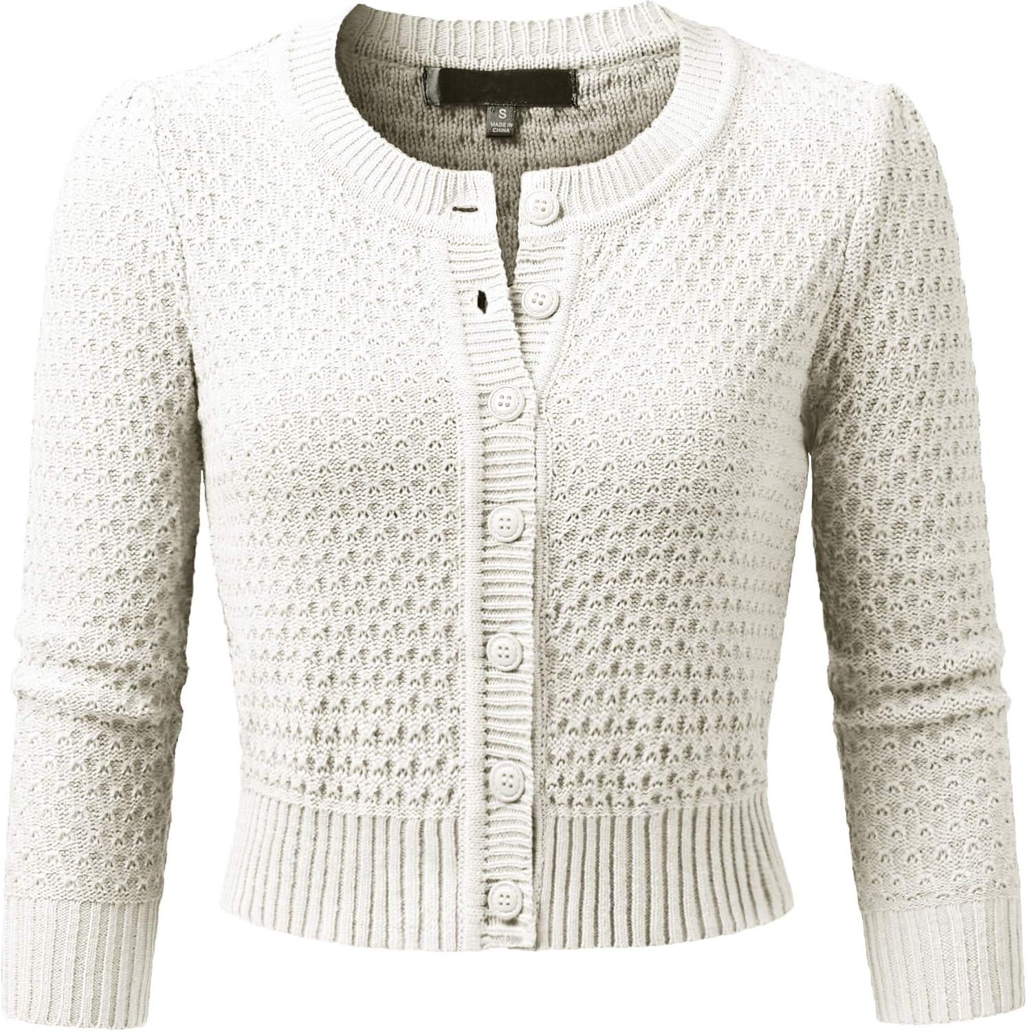 Women's 3/4 Sleeve Crew Neck Button Down Cotton Knit Cropped Cardigan Sweater (S-3XL)