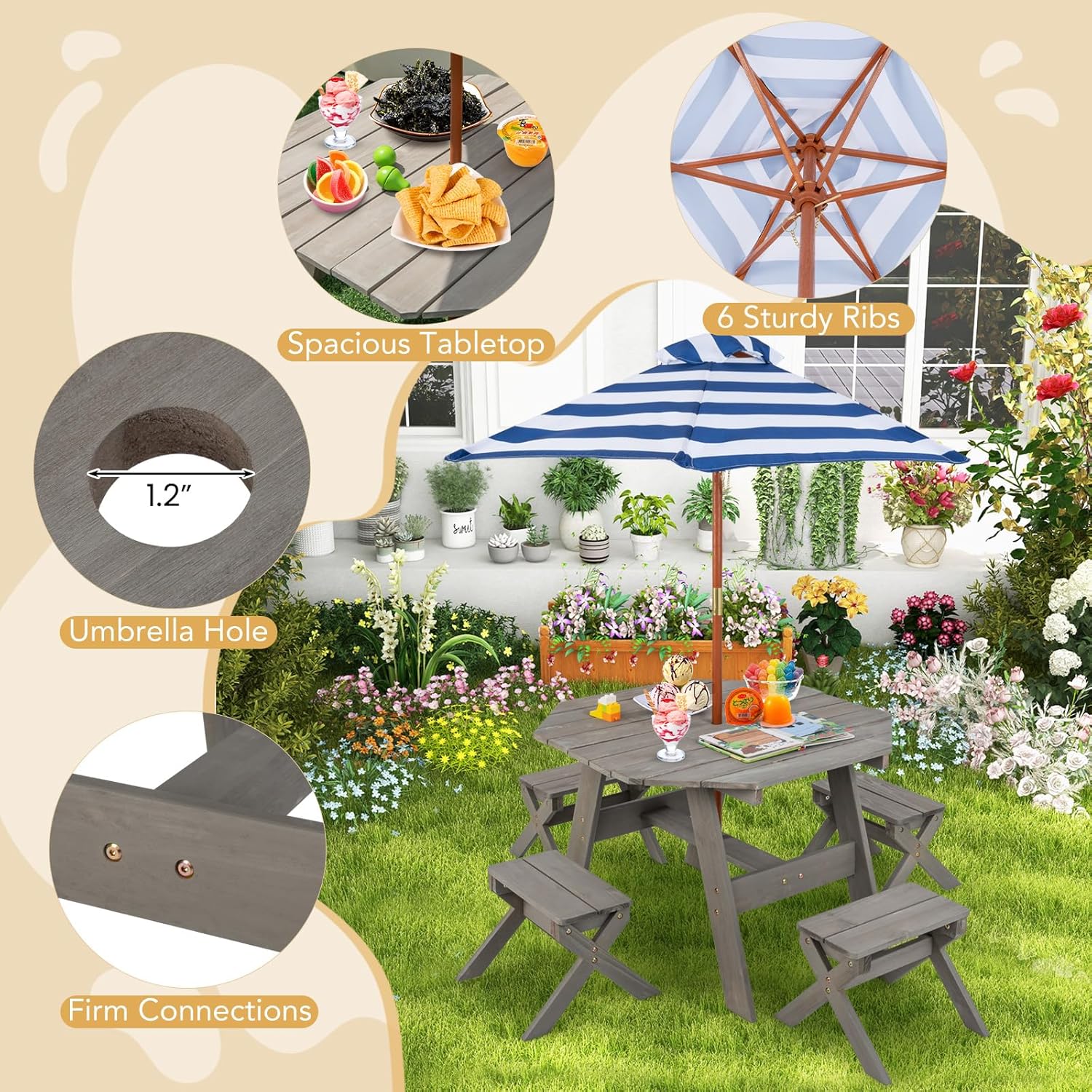 HONEY JOY Kids Picnic Table, Fir Wood Octagon Table & 4 Stool Set, Stripe Fabric Umbrella, Toddler Picnic Table for Outdoors, Children Backyard Furniture for Patio Garden(Gray)