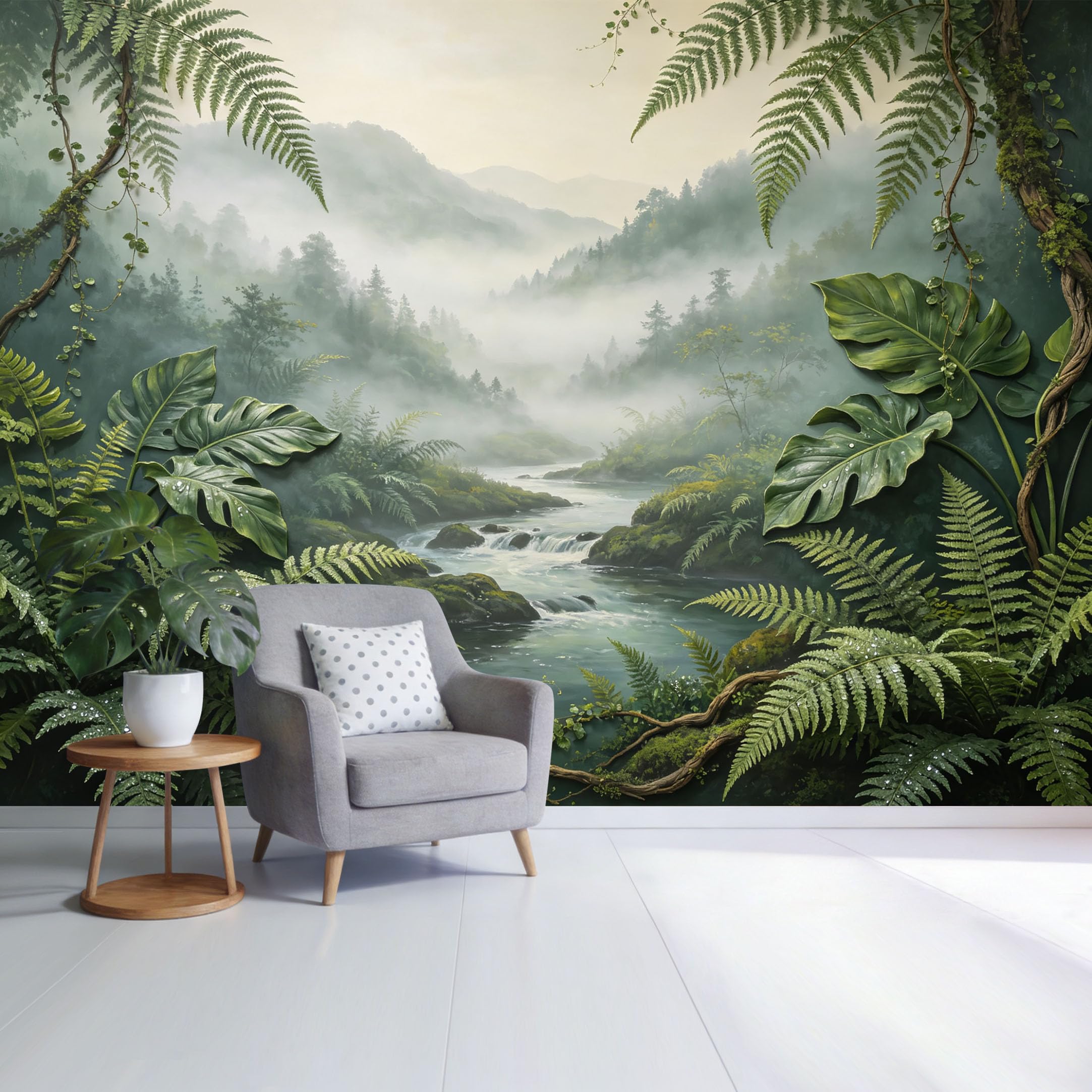 Custom Size Wall Mural Tropical Jungle River Mist Landscape with Ferns and Monstera Leaves Botanical Nature Scene SelfAdhesive Wall Fabric Removable Wallpaper for Home Office Decor