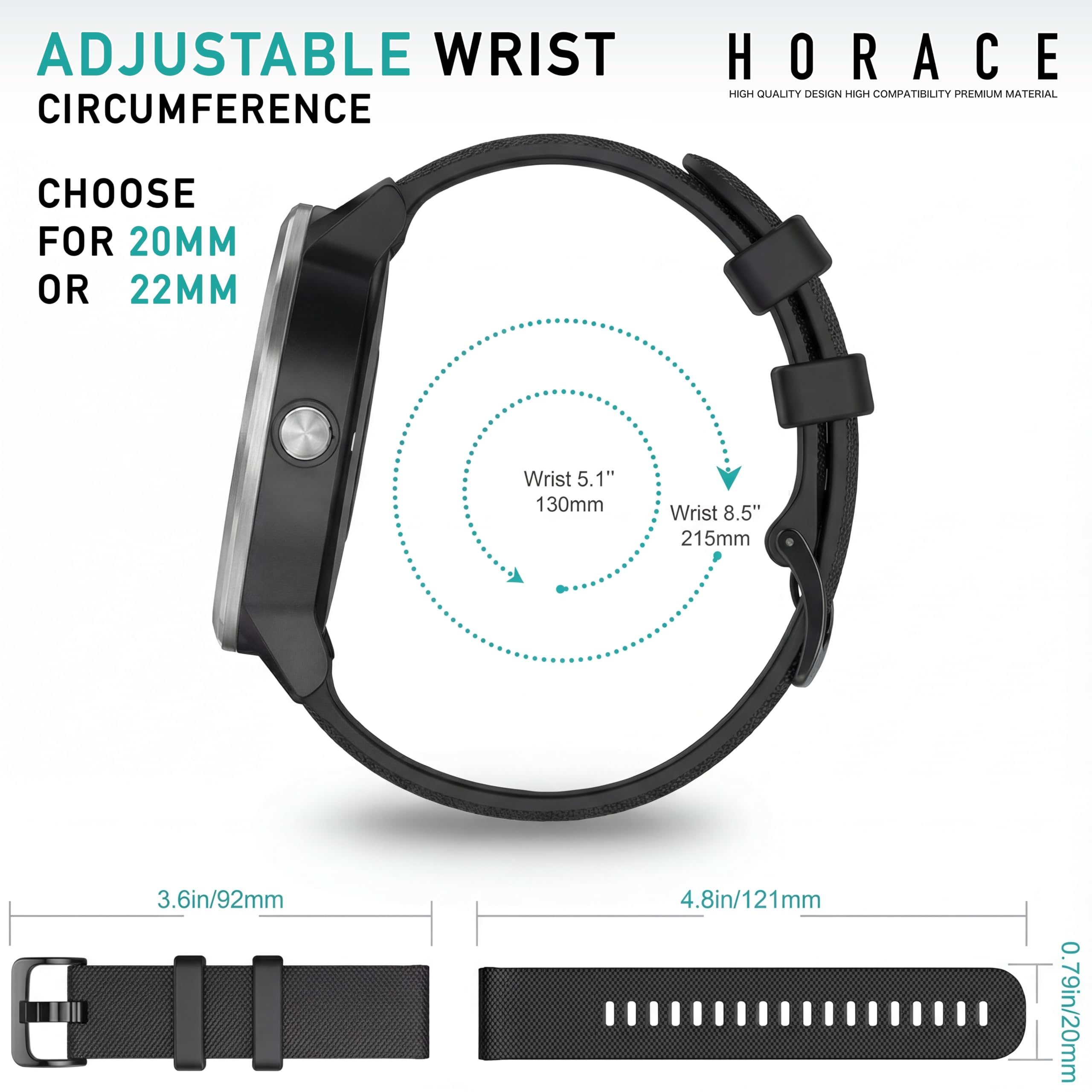 HORACE Silikonowy Pasek do Zegarka 20 mm 22 mm – Miękki, Oddychający, Szybkie Wypinanie, Klamra w Kolorze Paska – Unisex – Kompatybilny z Garminem i smartwatchami