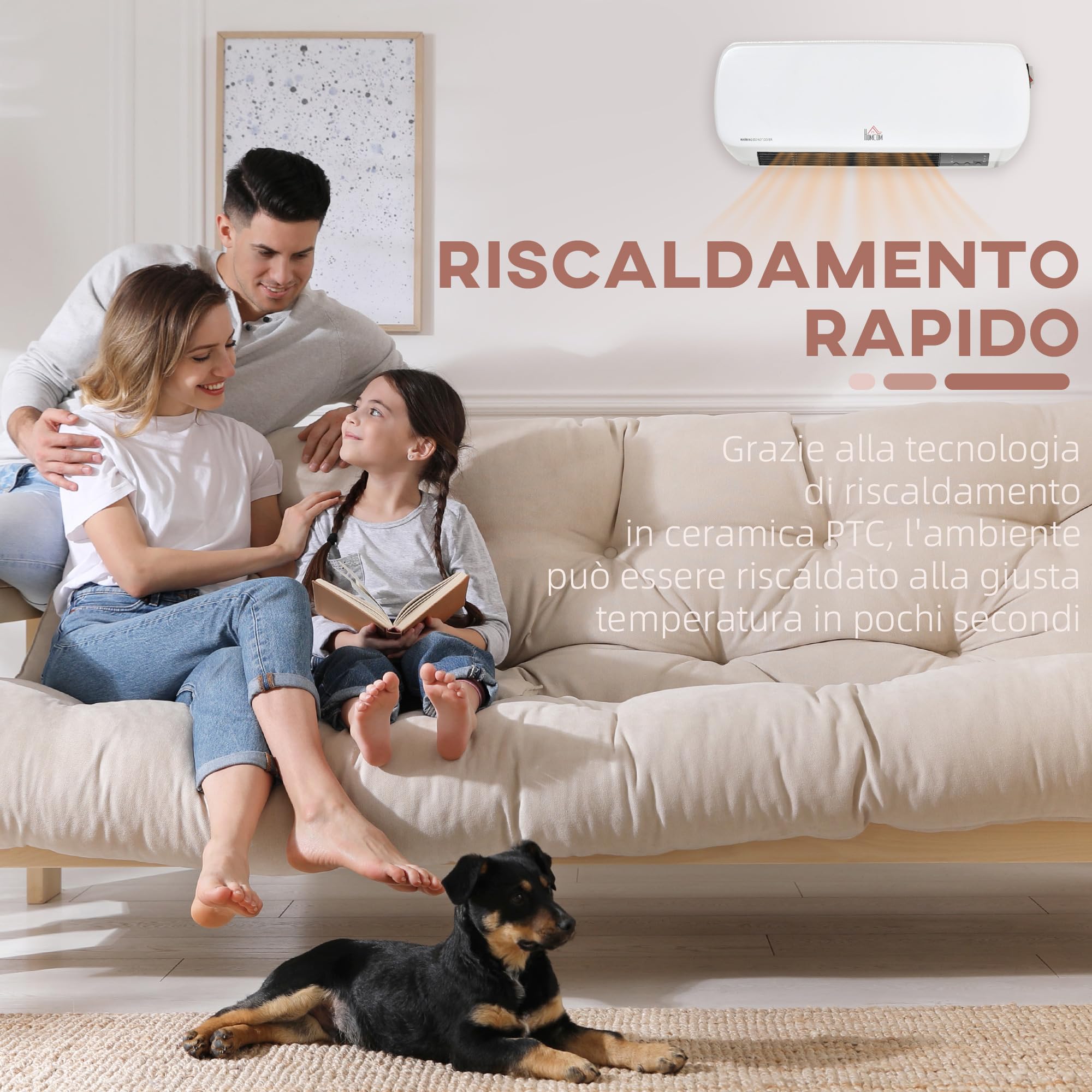 HOMCOM Stufa Elettrica Basso Consumo da Parete PTC 45x18.6x11.5cm Bianco | Termoventilatore con Telecomando, Temperatura Regolabile, Timer 12 Ore, Potenza 1000W/2000W