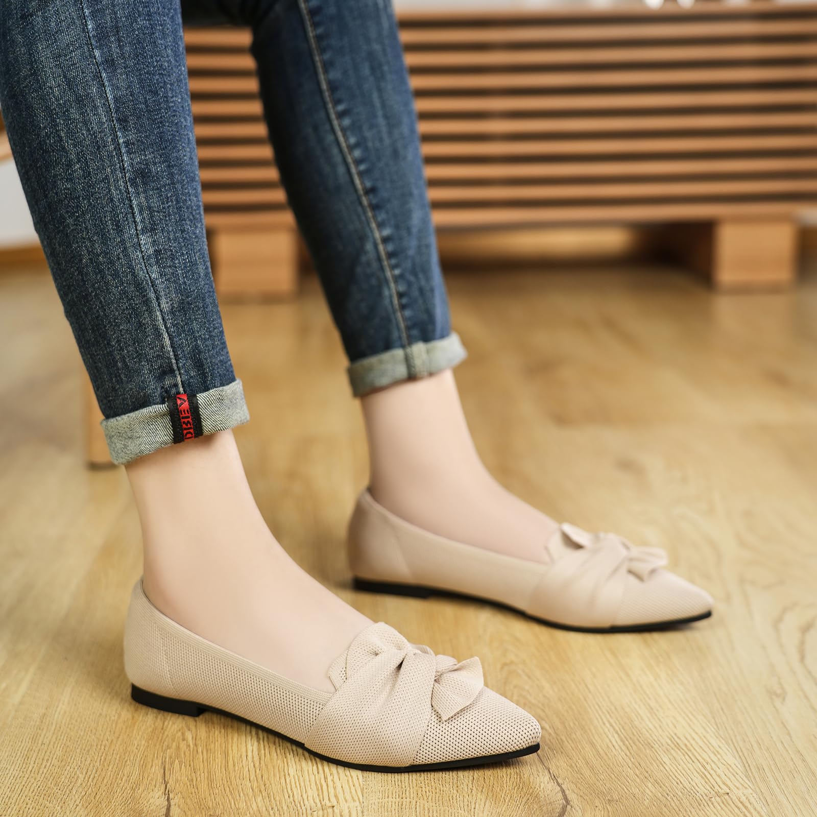 Flats for Womens Pointed Toe Ballet Flats with Bow Comfortable Knit Dressy Flats