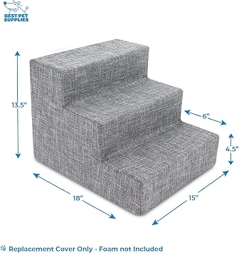 Best Pet Supplies Foam Pet Steps Cover for Small Dogs and Cats, Portable Ramp Stairs for Couch, Sofa, and High Bed Climbing (Cover Only) - Ash Gray Linen, 3-Step (Cover Only)