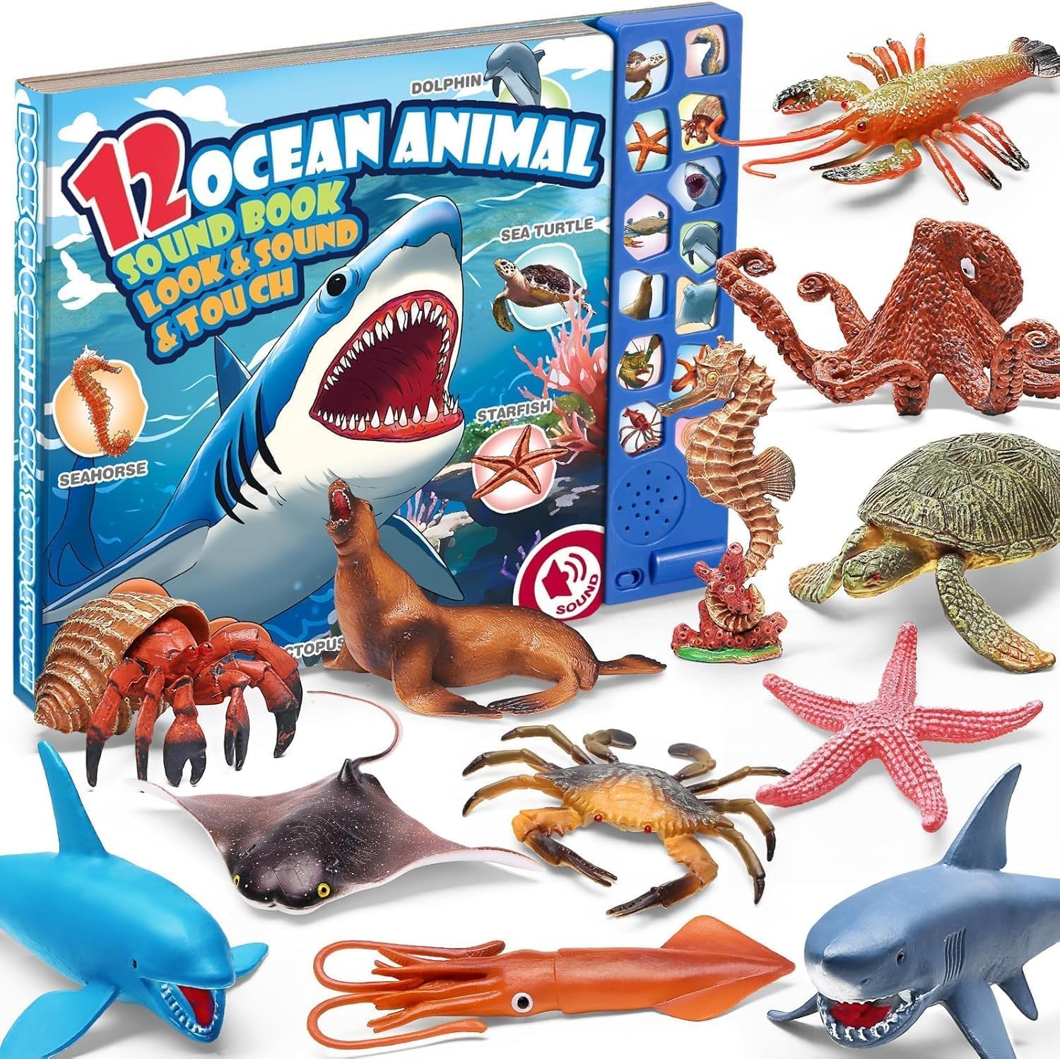 12Pack Ocean Animal Toy for Kid with Sound Book(On/Off), Gift Box, Realistic Sea Creature Figure, Educational Plastic Under the Sea life for Toddler, Birthday Party Favor, Water Table Toy for Boy Girl