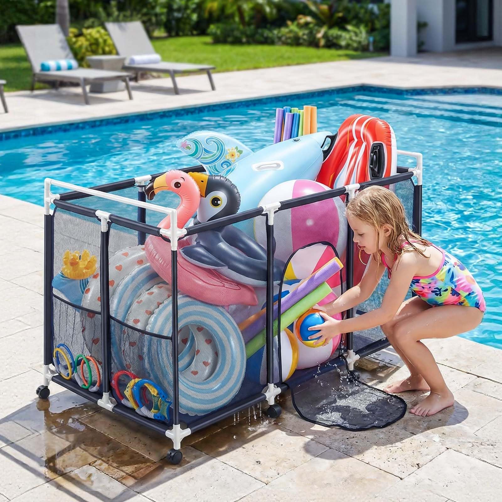 VEVOR Contenedor de Almacenamiento para Piscina, 159 x 81,5 x 91,5 cm, Cesta de Malla, Marco Plástico, con Ruedas
