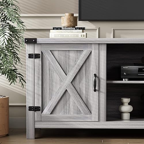 Miniatura 5 de YESHOMY - Mueble moderno de madera para TV con dos puertas estilo granero y gabinetes de almacenamiento para televisores de hasta 65+ pulgadas, Gris