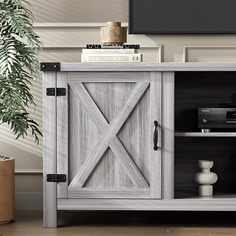 YESHOMY Modern Farmhouse TV Stand with Barn Door for 65 Inch TV, Gray Wash image 5