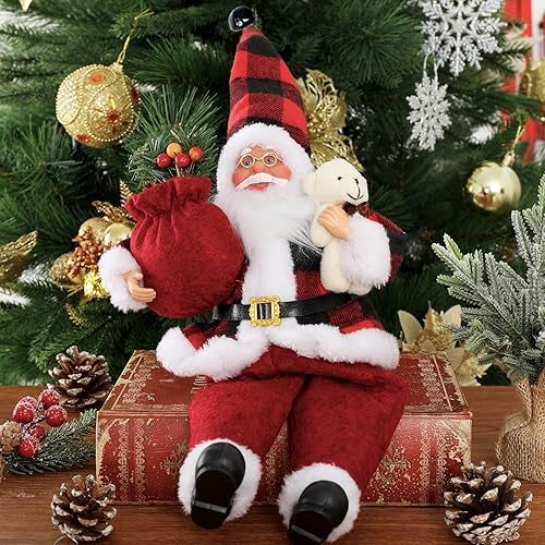Miniatura 6 de AnyDesign Christmas Sitting Santa Hand Crafted Cute Chic Santa Claus Figurines Doll with Gift Bag and Little Bear Christmas Decoration for Home