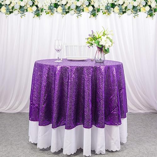 Miniatura 7 de ShinyBeauty Mantel de lentejuelas redondo brillante de 48 pulgadas, mantel de mesa con purpurina, mantel de boda de lentejuelas (48 pulgadas, morado)