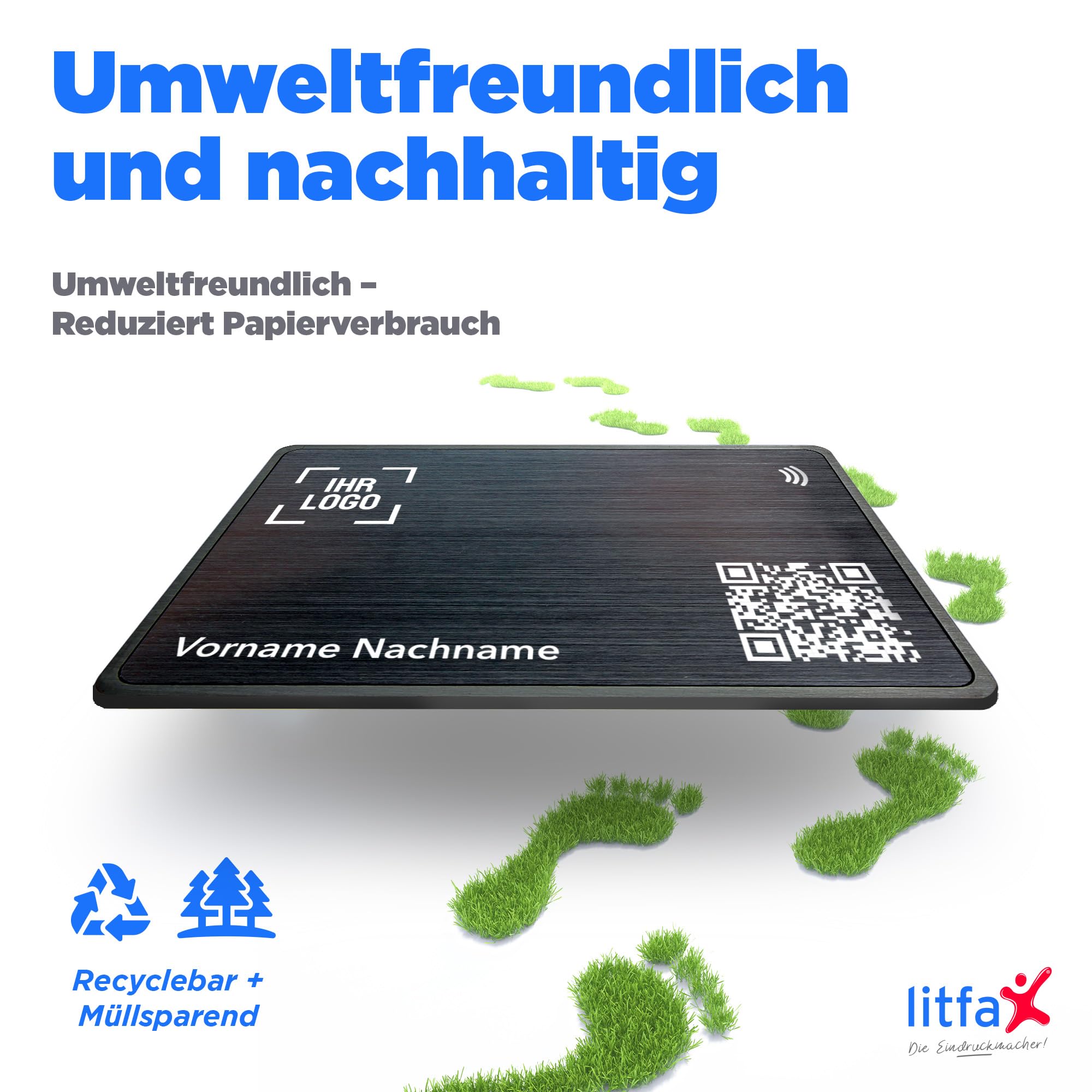 Litfax Digitale NFC Visitenkarte – Metall – NFC Karte inkl. Website & vCard-Profil – Keine monatlichen Gebühren – Kompatibel mit Smartphones (Android und iOS) (Metall Schwarz)