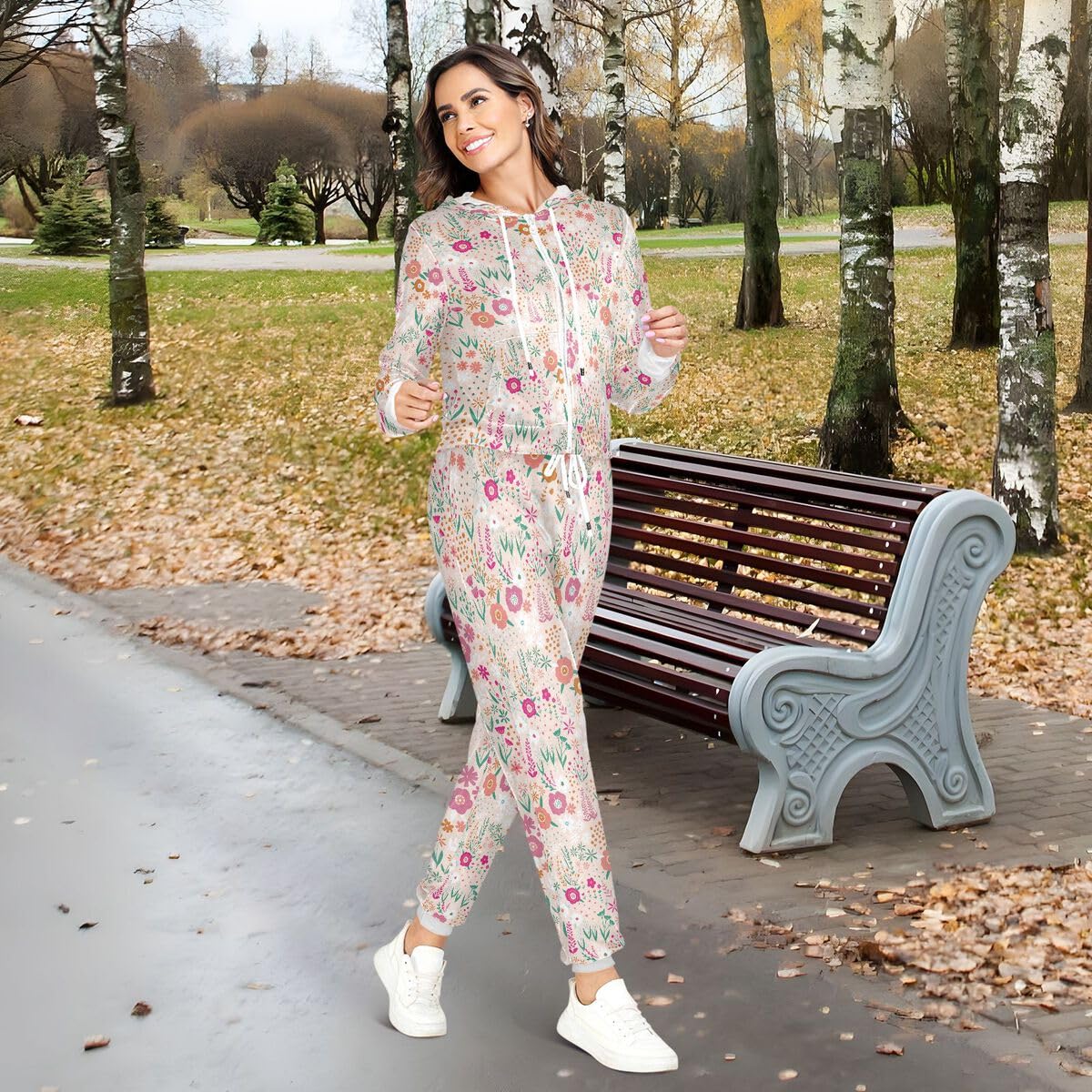 Conjunto deportivo de 2 piezas para mujer, diseño floral abstracto de flores, manga larga, conjunto deportivo de primavera Leavevs