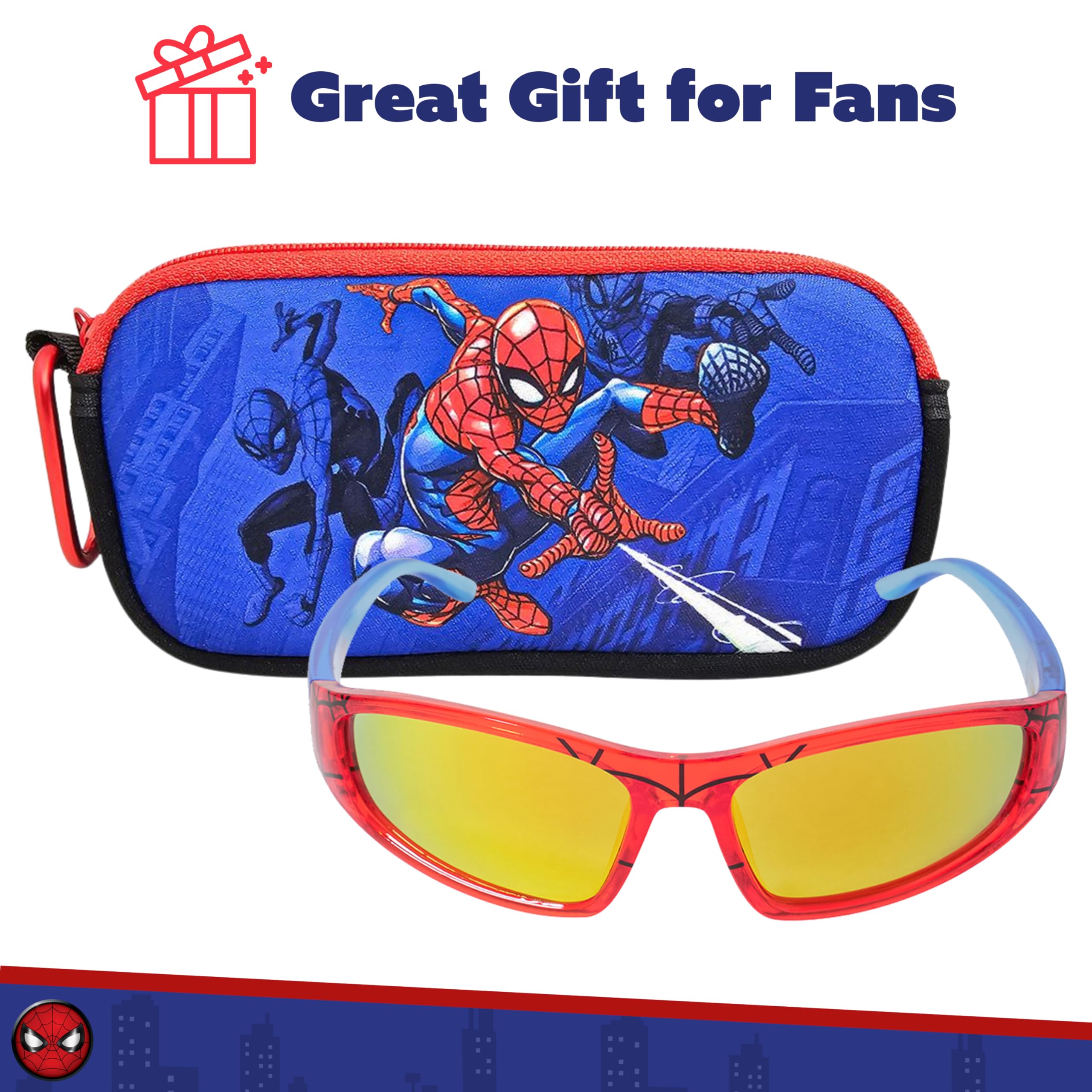Arkaid Gafas de sol Spider-Man con funda, juego de accesorios oficiales de Marvel, lentes UV 400 seguras con funda protectora con cremallera para niños