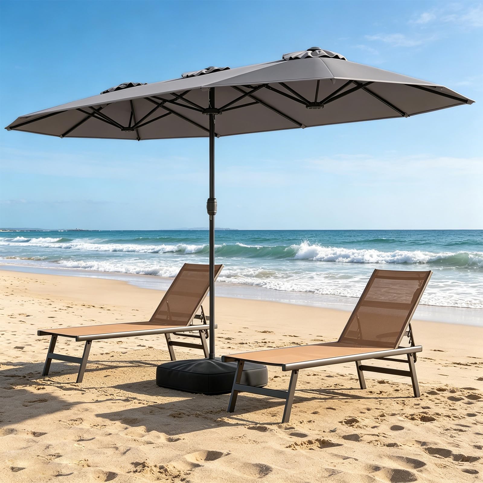 RELAX4LIFE Grand Parasol de Jardin Exterieur avec Pied, 4x2M Parasol Double pour Terrasse/Piscine/Marché, 12 Baleines Renforcées, Manivelle, Protection Solaire pour 6-8 Personnes (Gris)