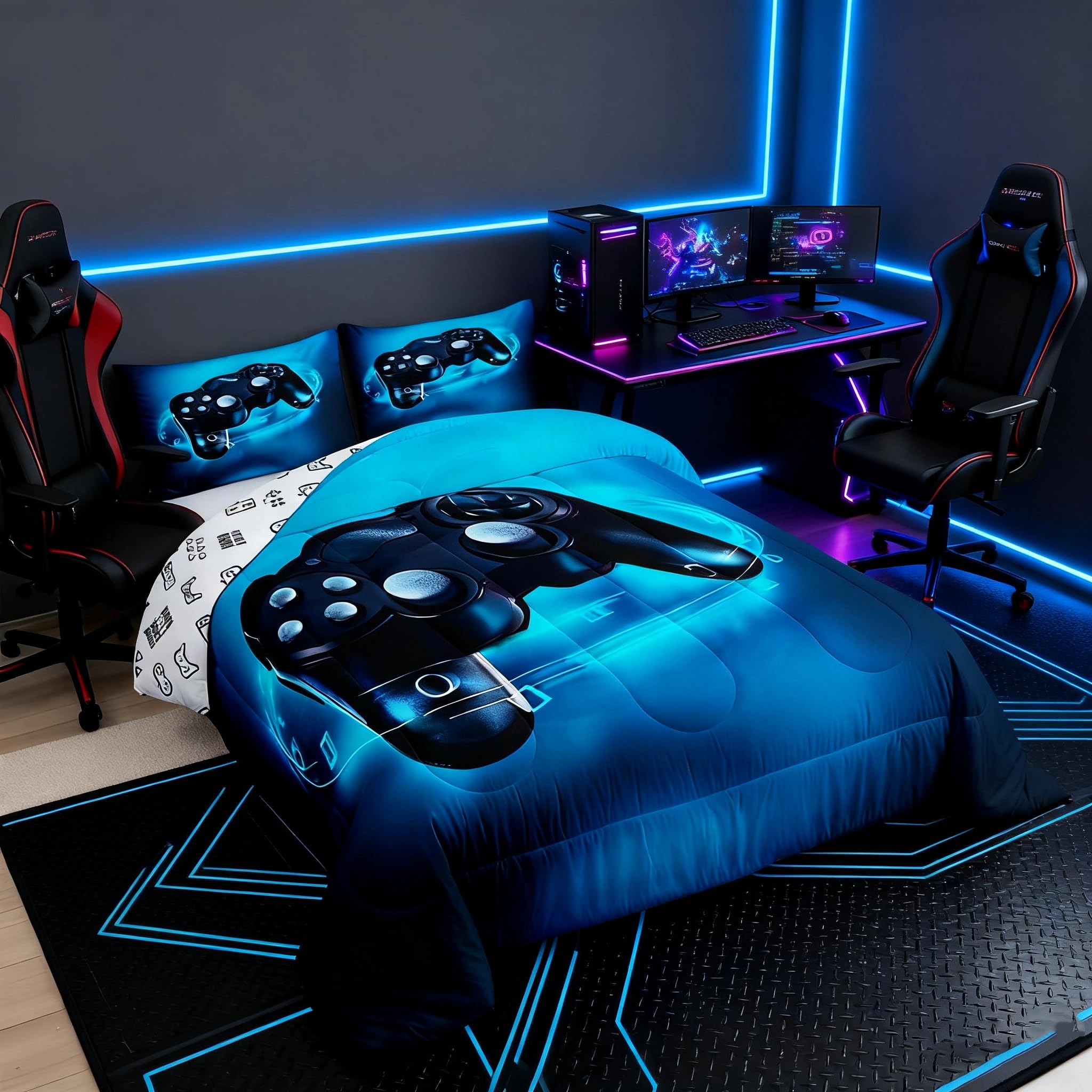 Feelyou Queen Size Gaming Comforter Set for Boys Gamer Bedding Set for Teens Kids Gamer Room Decor Blue Video Games Comforter Duvet Set Gamepad