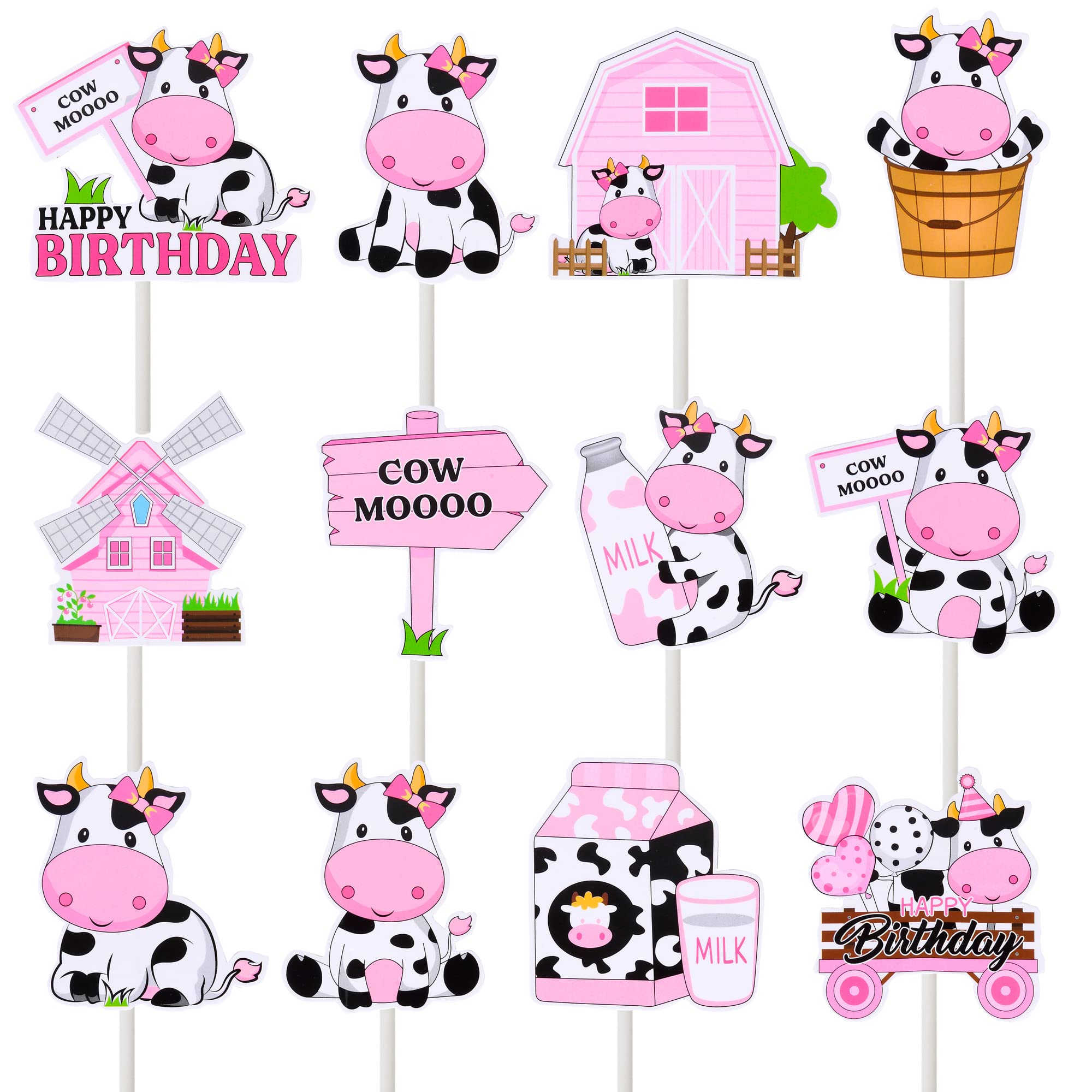 24 decoraciones de fiesta de vacas para cupcakes para niñas, decoración de  vacas rosadas para cupcakes para vaca, cumpleaños, granja, granero, ...