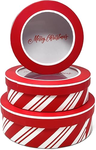 Miniatura 2 de Gift Boutique Latas redondas de galletas navideñas con ventana, caja de regalo con tapas, juego de 3 tamaños, diseño de bastón de caramelo rojo y