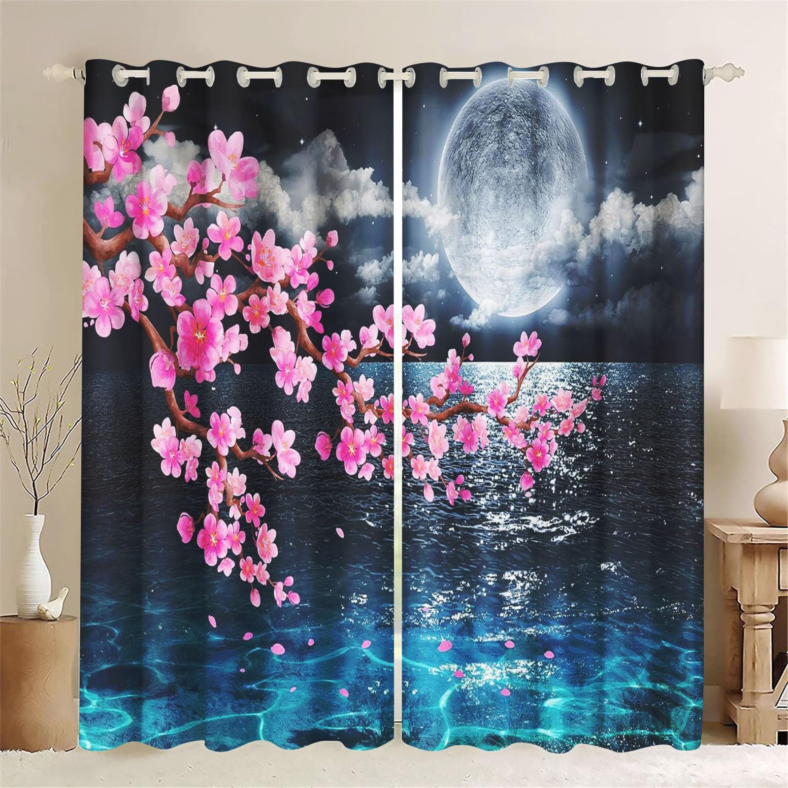 Vorhang Kirschblüten Japanische Gardine Kirschblüte Rosa Vorhänge Blickdicht Ösenvorhang 3D Druck Verdunklungsvorhänge Blumenmuster 2er Set Wohnzimmer (1,183 x 160 cm(2X91X160cm))