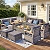 MEISSALIVVE Set de muebles de patio de 8 piezas, set de conversación de mimbre con 4 sillas giratorias con apoyabrazos de madera, 2 pufs, sofá de 3 plazas y mesa de centro (Gris) 3