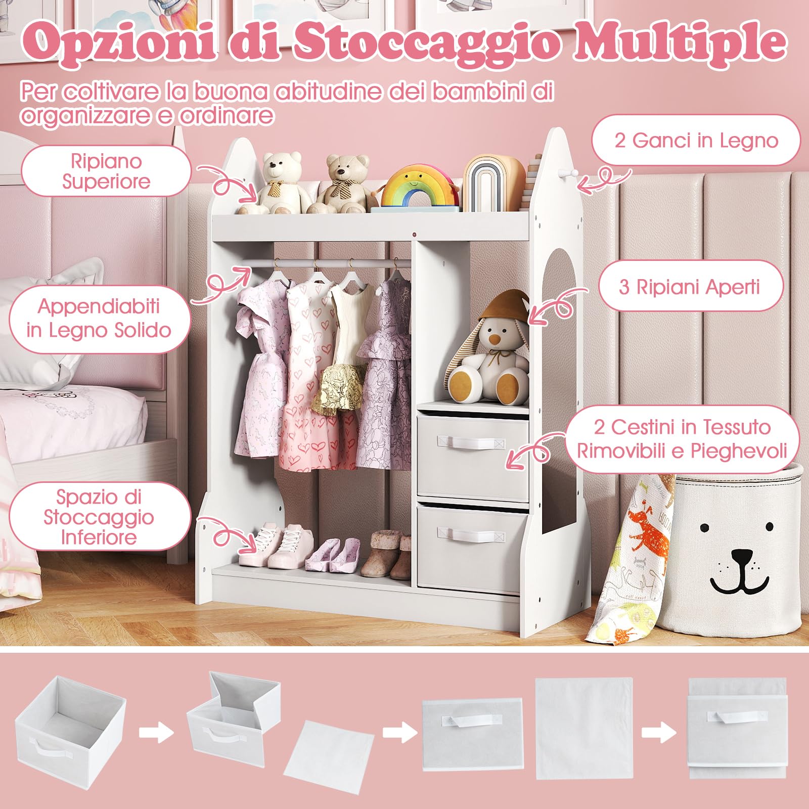 RELAX4LIFE Armadio per Bambini, Guardaroba per Bambini con Specchio Acrilico, Appendiabiti, Ripiani, Cassetti in Tessuto, Mobile Organizzatore per Vestiti e Giocattoli per Bambini da 3+ Anni (Bianco)