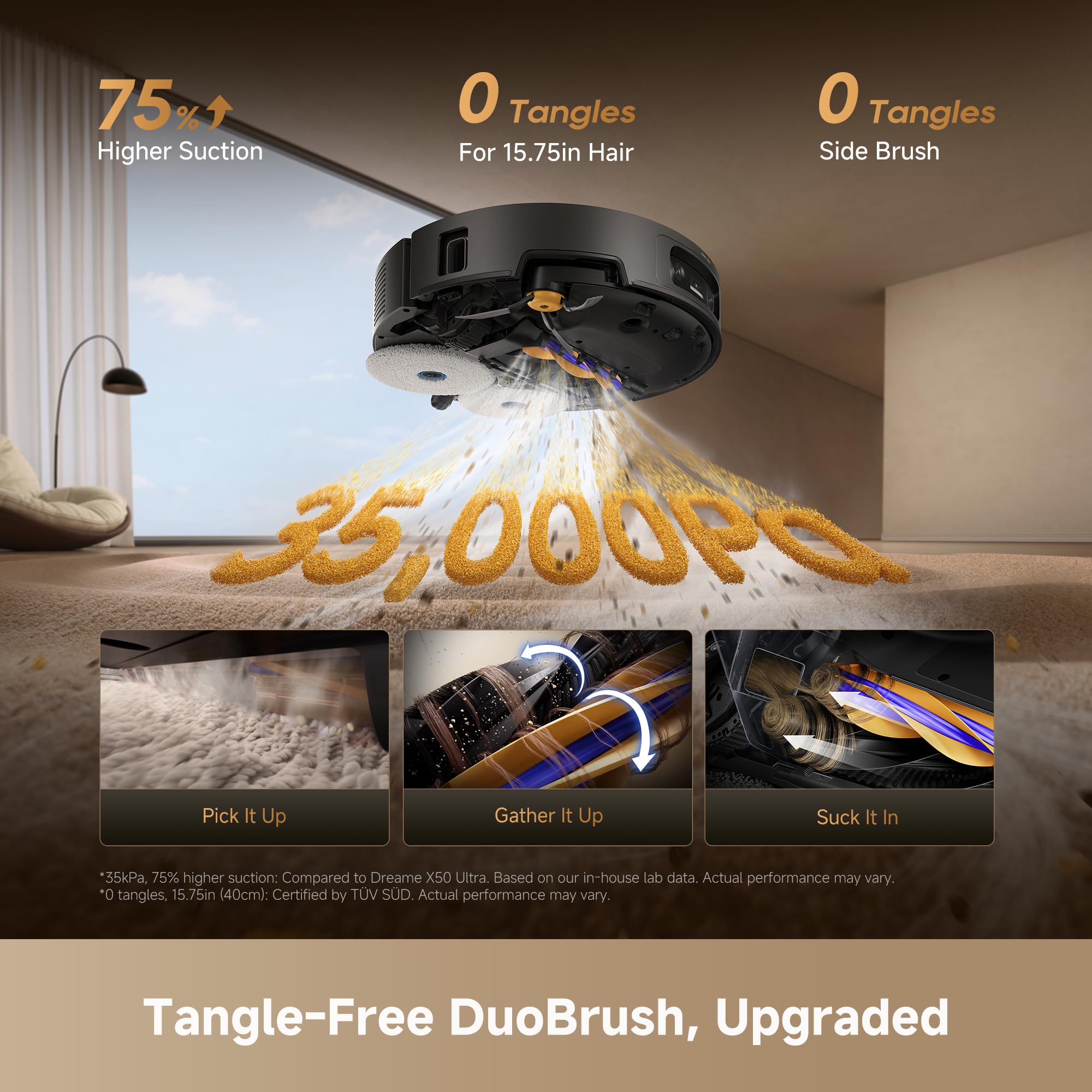 DREAME X60 Ultra Robot Vacuum and Mop, 3.13in Ultra-Thin Design, 3.47in Obstacle Clearing, 35,000Pa Suction, Self Emptying&Refilling, Mop Self-Cleaning, 100% Detangling, 280+Obstacle Avoidance, Black - 5