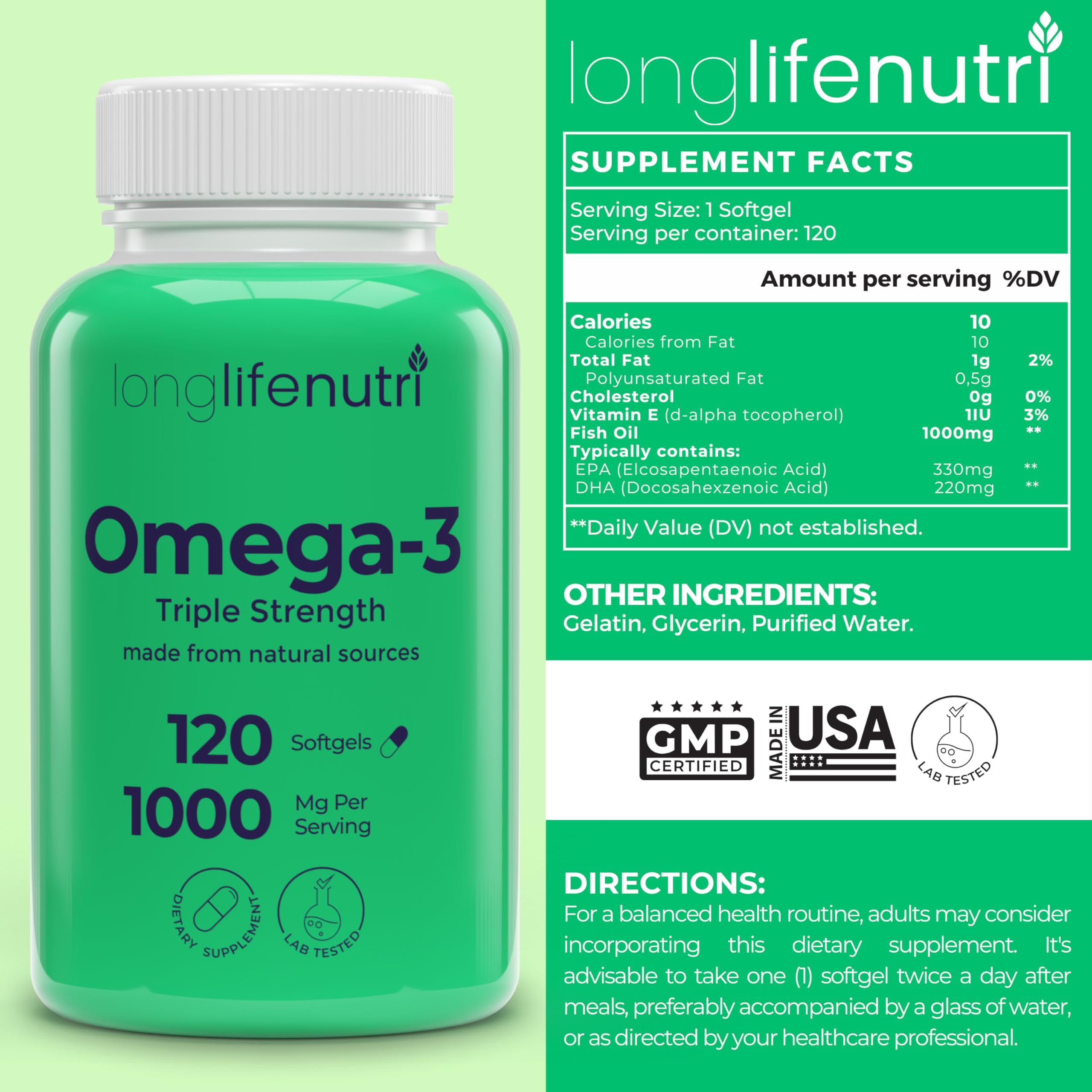 LongLifeNutri Omega 3 Fish Oil 1000mg, 120 Softgels, 4-Month Supply — Amazon image 2