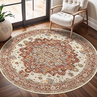 Waschbarer orientalischer Teppich, rund, für Wohnzimmer, weicher Teppich für Schlafzimmer, wasserdicht, Blumenmuster, Used-Look, für Innenbereich, schmutzabweisend, fusselfrei, 182 cm, Rot
