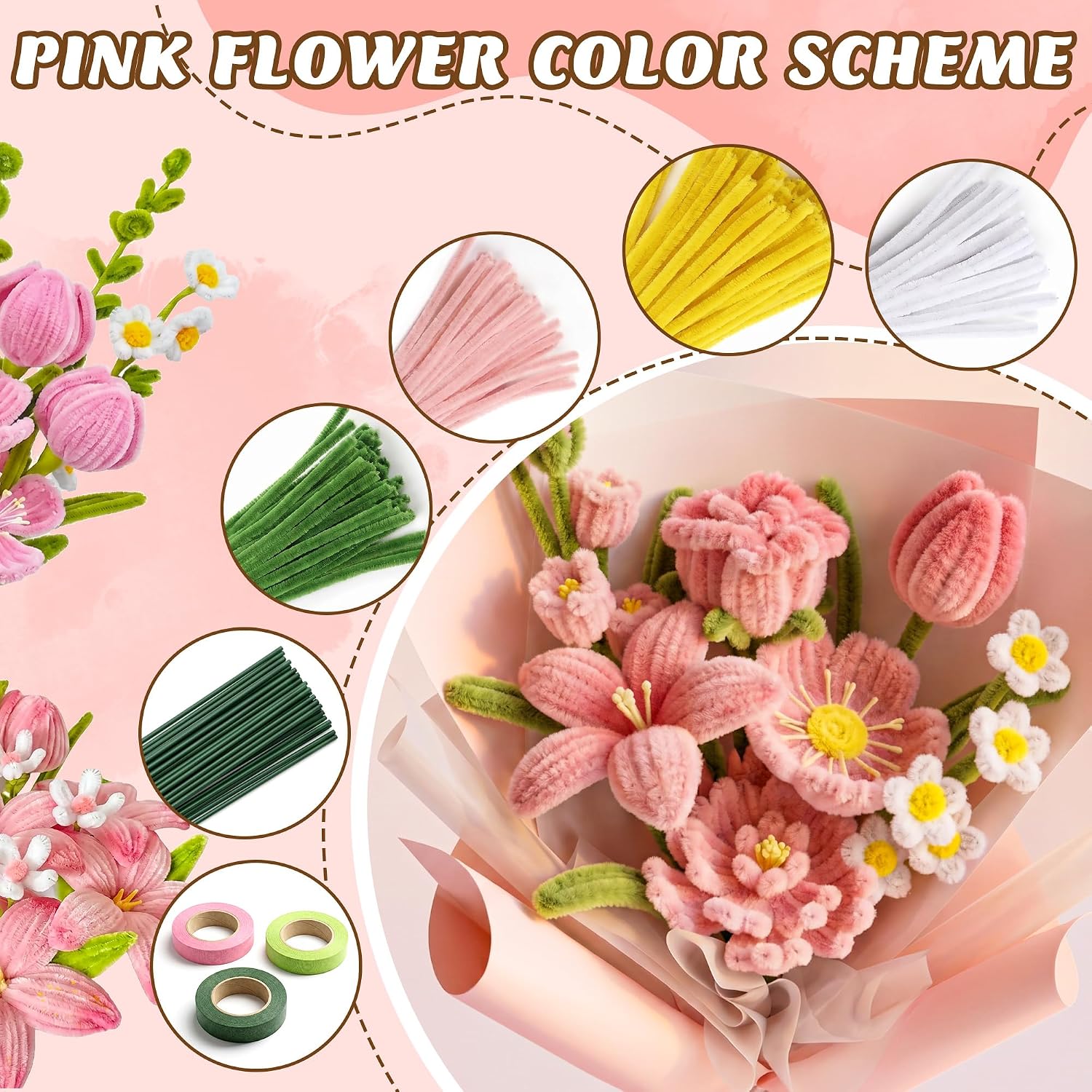 YONCOUX Pipe Cleaner Flower Kit, 700PCS Premium Pipe Cleaners Bulk with Instruction, 14 Colors Thick Chenille Stems, Flower Stems, Tape, Stamen, Craft Pearls for Arts DIY Flowers All-in-One