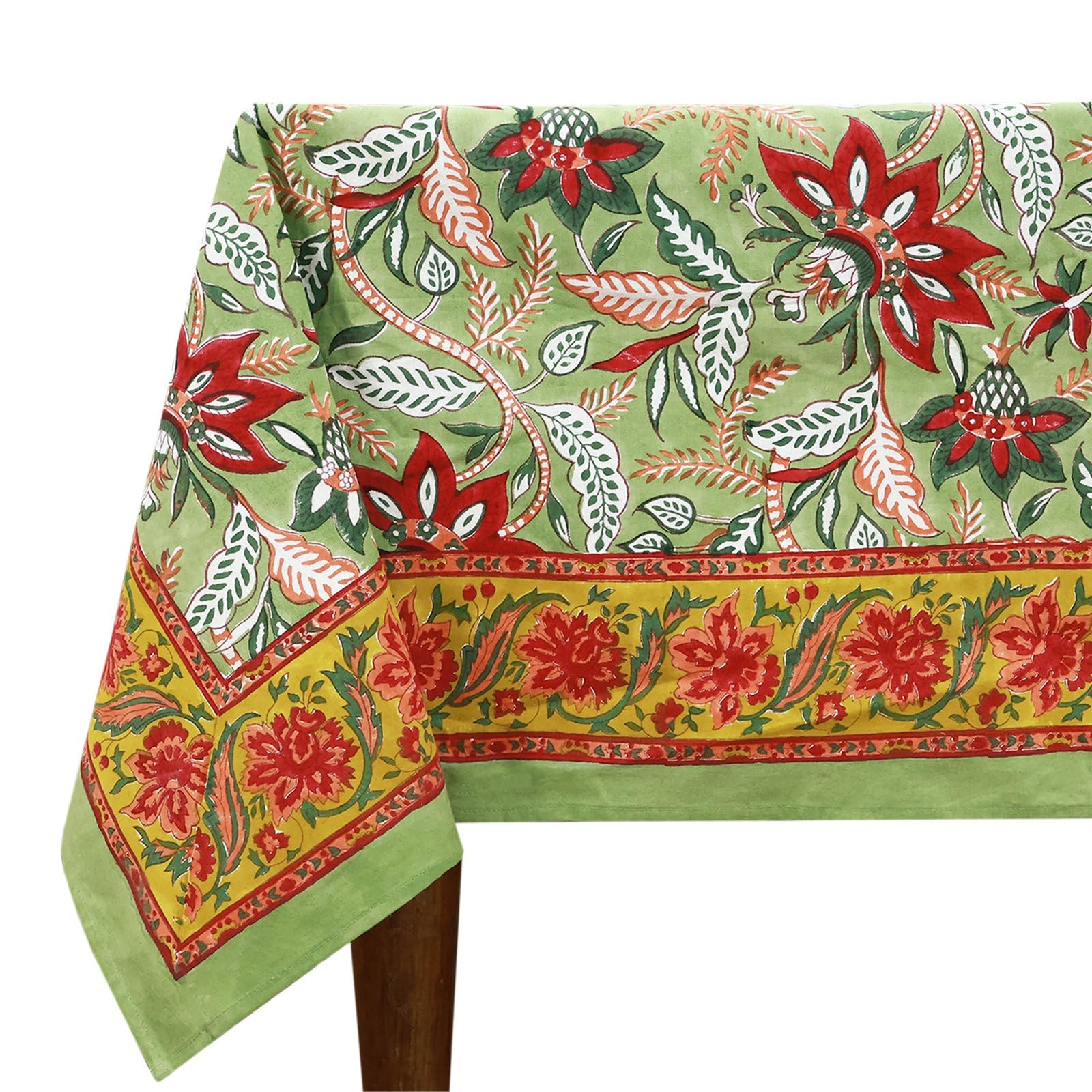 60x60 Inches Square Hand Block Printed Cotton Tablecloth, Red Green Floral Table Cloths Washable, Indian Table Linen For Dinning Home Decor Summer Spring Autumn Outdoor Thanksgiving — image 1