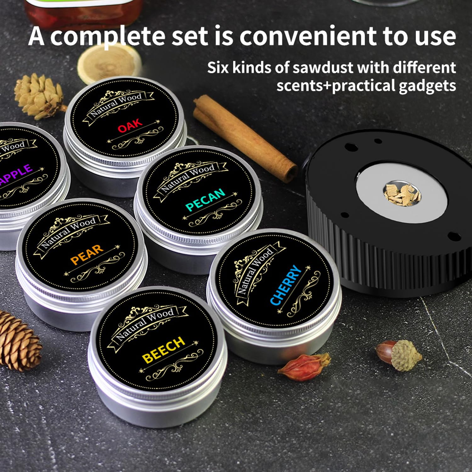Kit di Fumo di Whisky Elettrico Portatile - Kit di Fumo di Cocktail Multifunzionale Ricaricabile con 6 Truciole di Legno (Senza Butano) - Accendino Incorporato