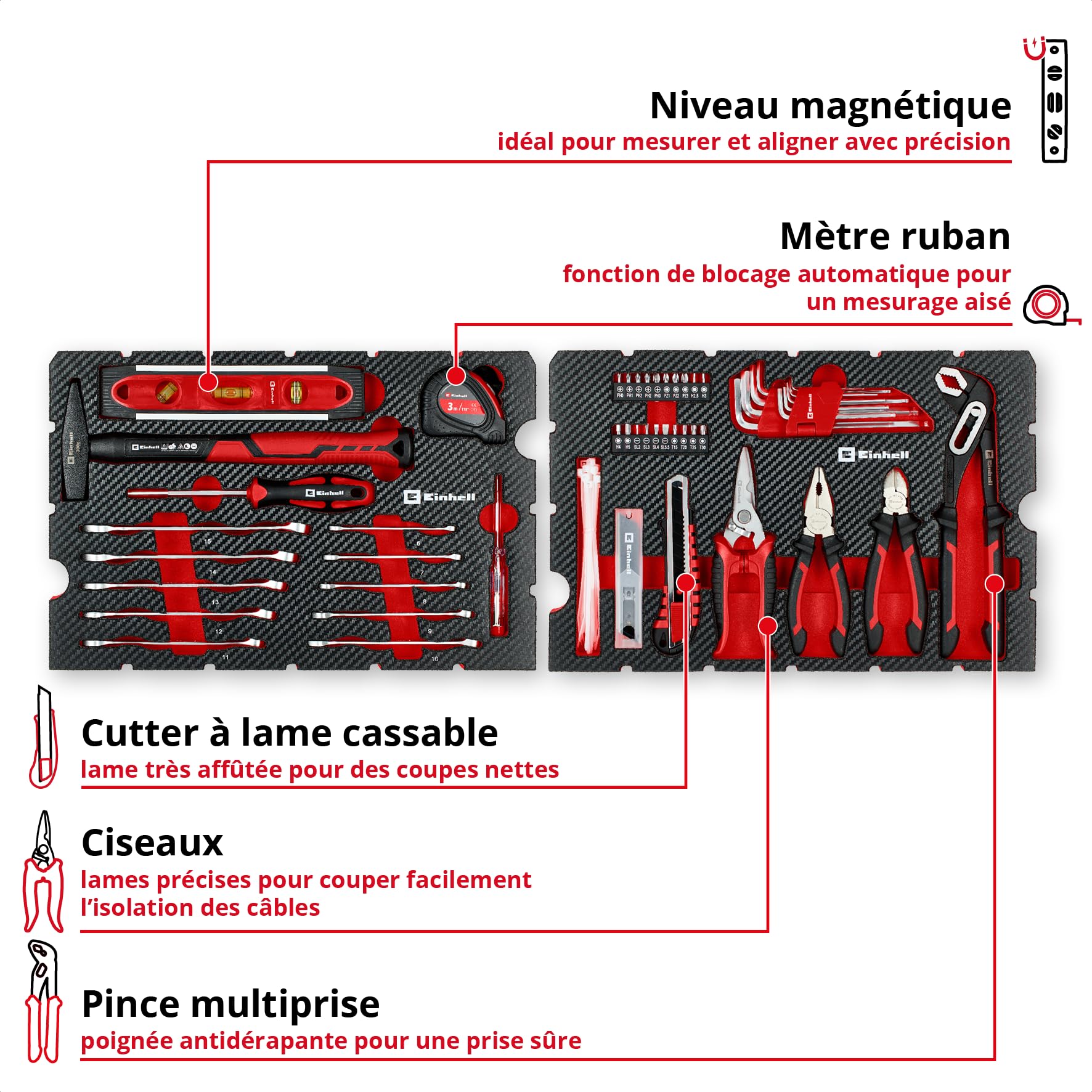 Original Einhell E-Case coffret à outils 79 pièces déménagement (marteau de mécanicien, pinces, accessoires d’embouts, cutter à lame sécable, mètre ruban, niveau à bulle, clés mixtes, coffret système)