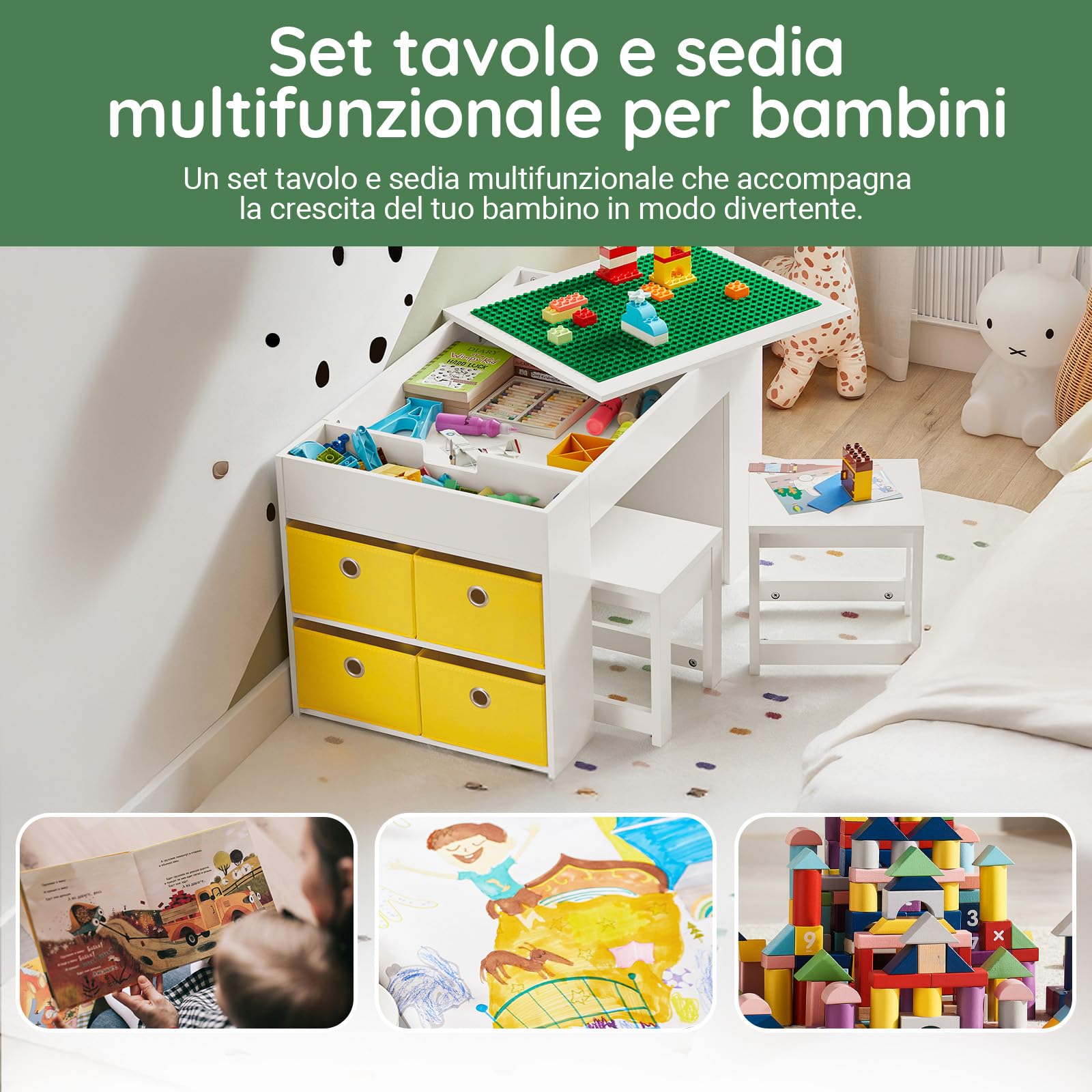 SoBuy Tavolo multifunzionale per bambini con 2 sgabelli e 8 contenitori Set tavolo e sedie per cameretta bambini Tavolo da gioco con spazio di archiviazione Bianco 87x50x50 cm KMB75-W