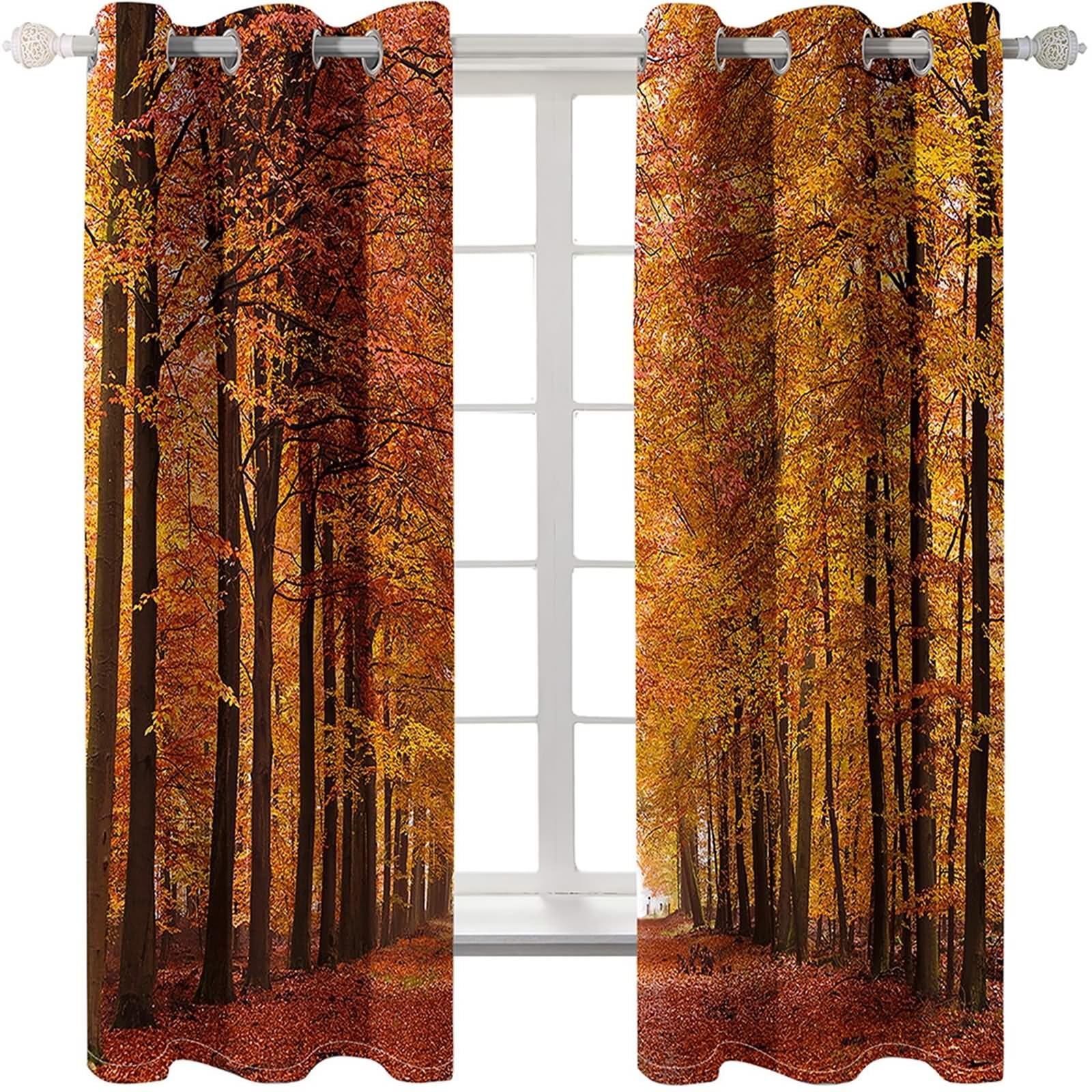 Czeska kurtyna, zasłony do sypialni Żółty brązowy jesienny las poliester 2 panele 264x229cm