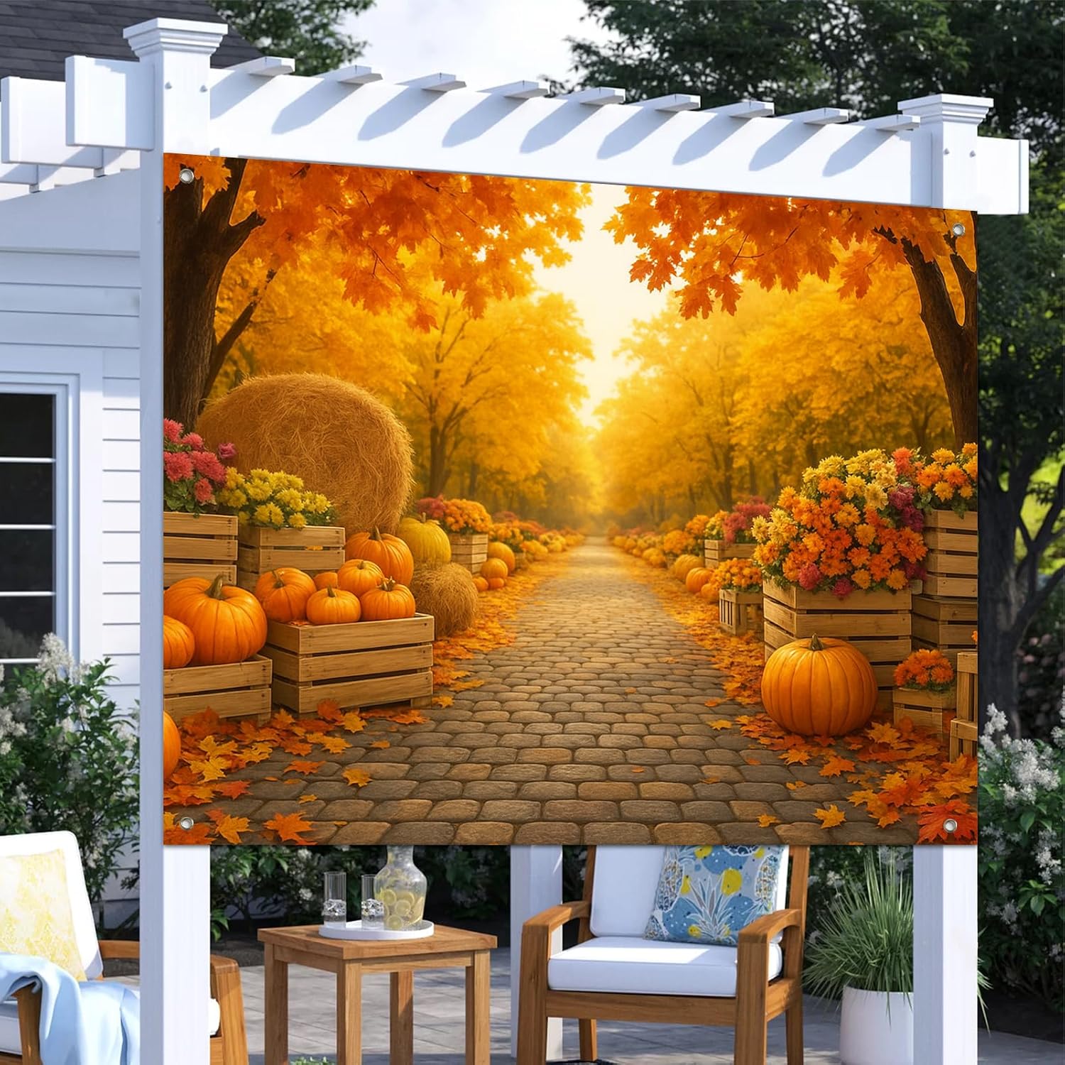 BlissYard Autumn Fall Backdrop Banner Golden Tree Lined Path Pumpkins Hay Bales 8x6ft Perfect for Thanksgiving Decor Party Photo Backdrop Indoor Outdoor Decoration Full Holiday Supplies