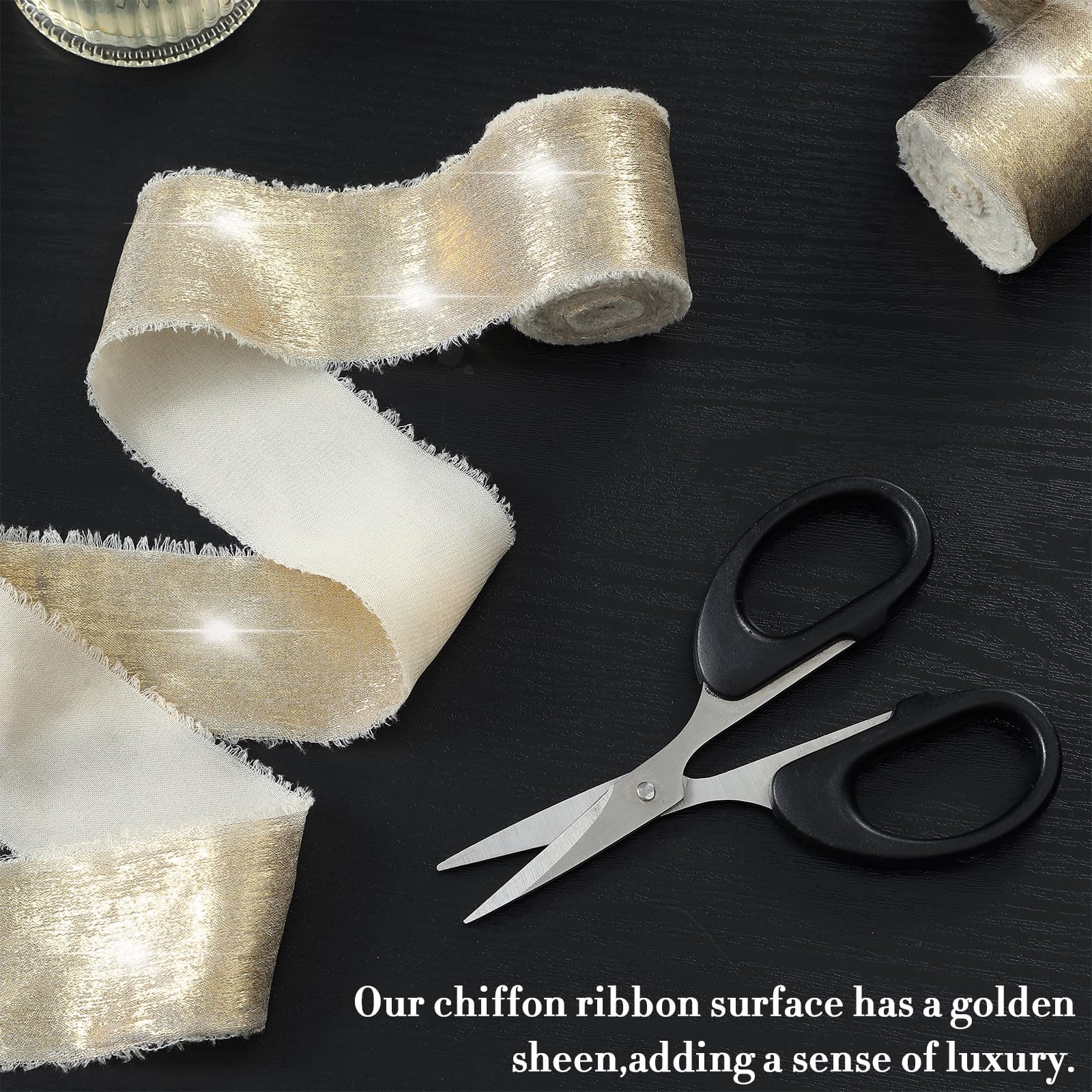 Pretty Jolly Champagne Chiffon Ribbon for Gift Wrapping Handmade Frayed Silk for Flower Bouquet Shimmery Gold Fringe 1 1/2 Inch x 5 Yard 4 Rolls for Hair Wedding Invitations - Image 4