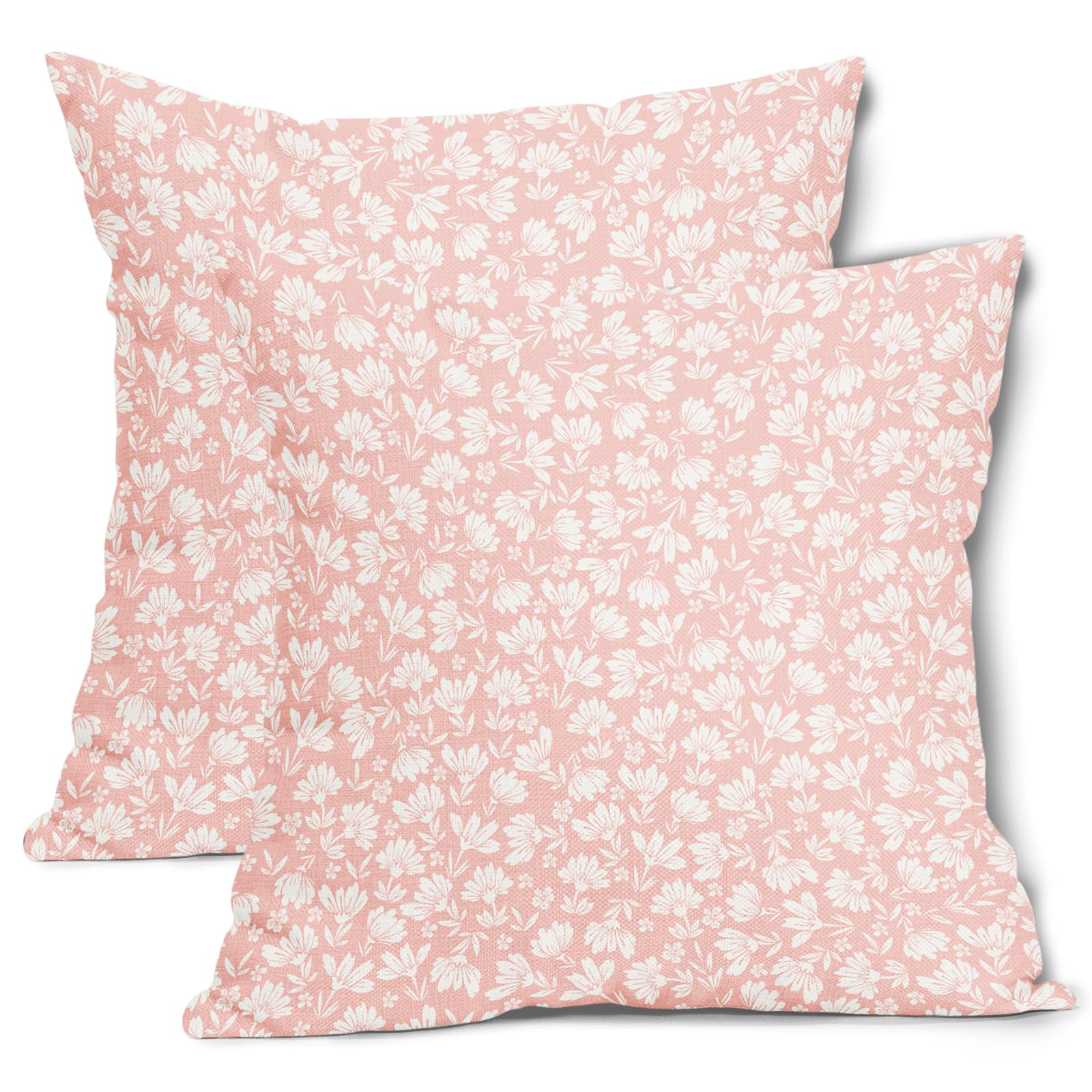 Light Pink Beige Daisy Floral Pillow Covers 18X18 Inch Vintage Flowers Decorative Pillow Cases Set of 2 Block Print Cotton Linen Throw Pillows
