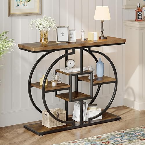 Miniatura 7 de GiftGo Mesa Consola Estrecha para Entrada Mesa de Sofá Industrial de 4 Niveles Detrás del Sofá con Base Circular Mesas de Acento de Madera Rústica