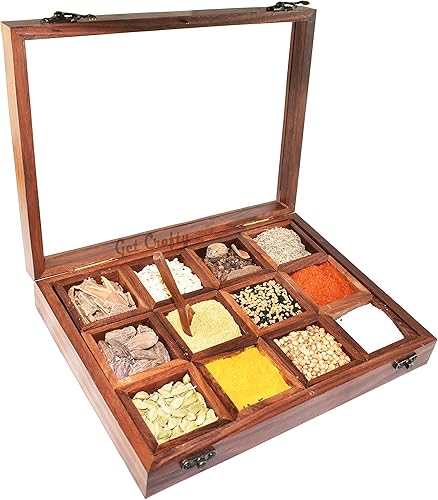 Miniatura 3 de Get Crafty Caja de especias de madera para cocina con cuchara  12 compartimentos extraíbles  Masala Dabba india hecha a mano con tapa de vidrio