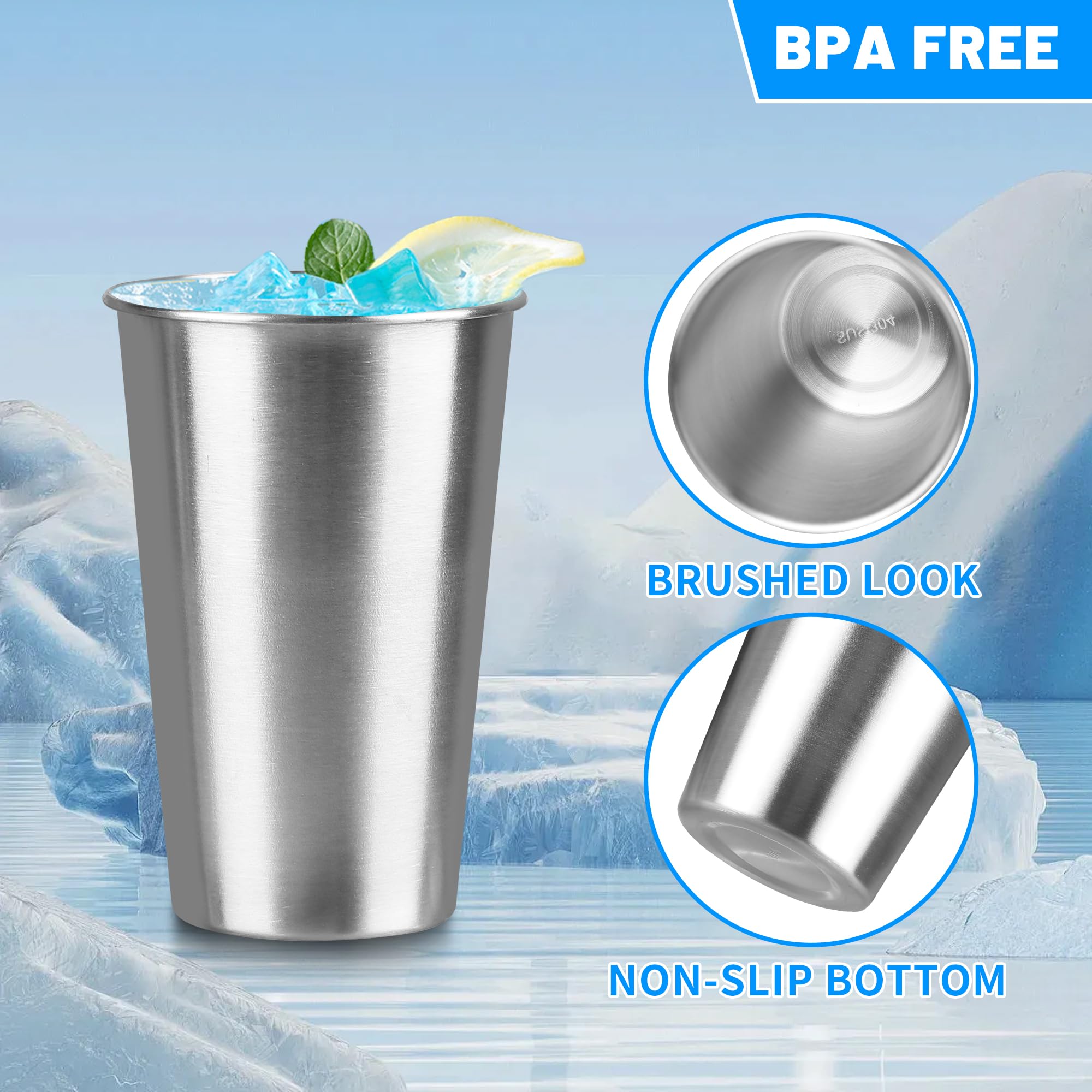 Paquete de 4 vasos de pinta de acero inoxidable de 16 onzas, vasos de acero inoxidable, vaso de pinta, vaso de agua, apilables, reutilizables, sin BPA, (16)