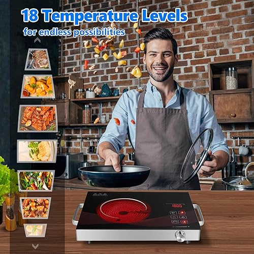 Miniatura 7 de Placa eléctrica de un solo quemador de 1800 W, cocina infrarroja para cocinar estufa portátil, temperatura de placa calefactora compacta ajustable,