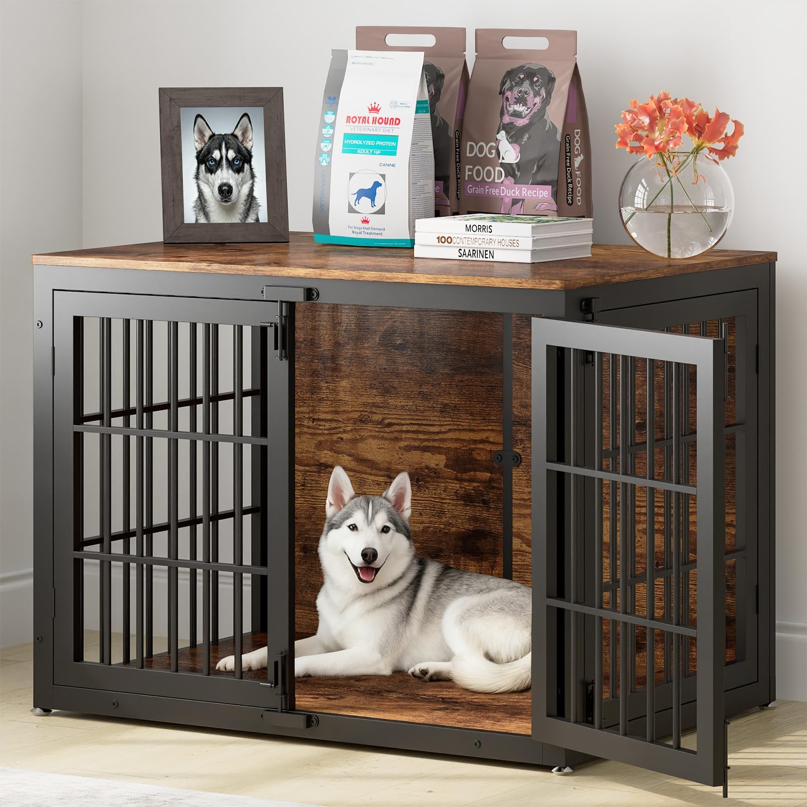 41" heavy duty dog crate furniture, wooden dog cage kennel for medium and large dogs, dog kennel indoor with side door, decorative pet house end table, brown