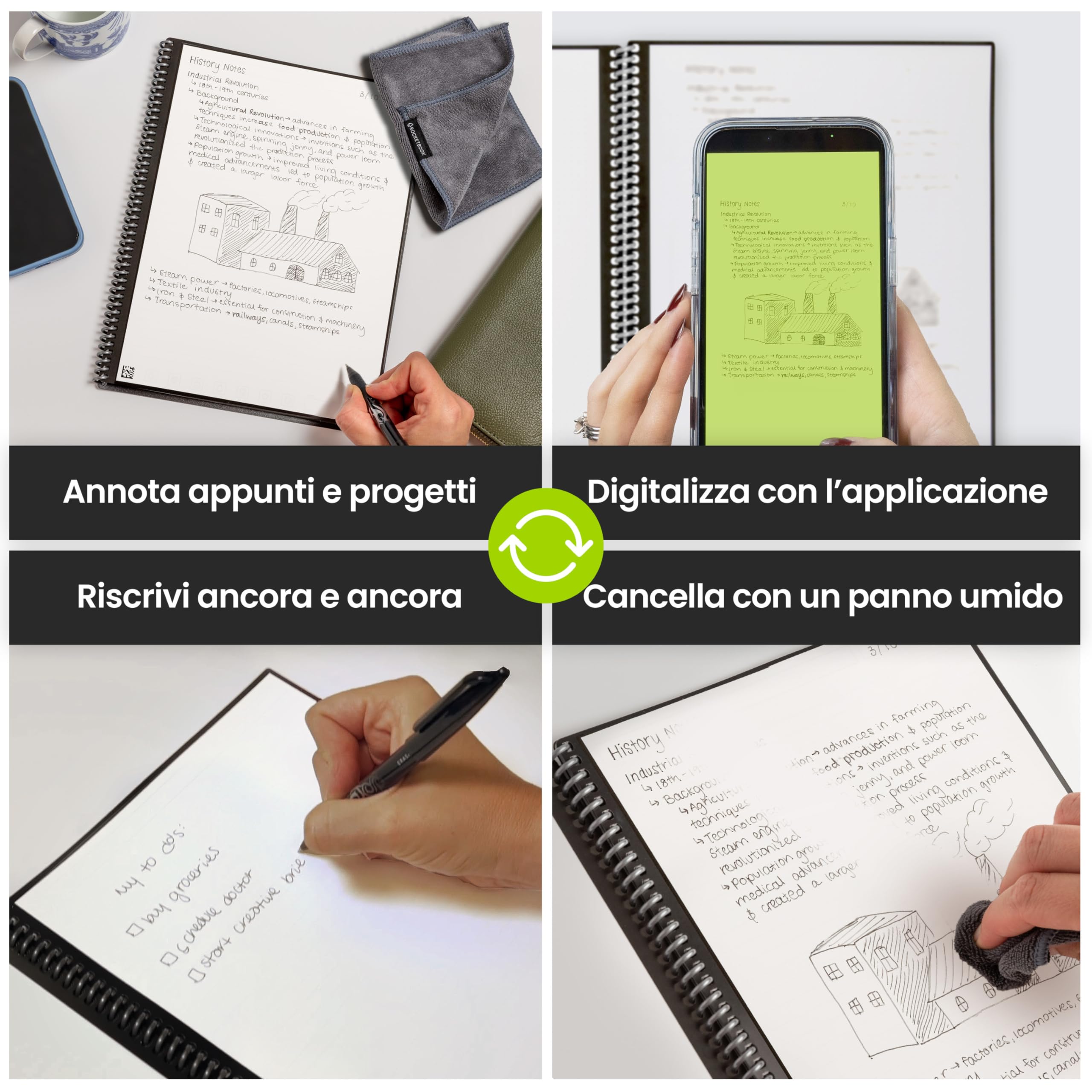 Rocketbook Fusion Planner Agenda Digitale Riutilizzabile, Formato Executive 15 cm x 22,4 cm, Nero - Obiettivi, Calendario Mensile e Settimanale, To-Do List Giornaliera, Pagine a Righe e Puntinate
