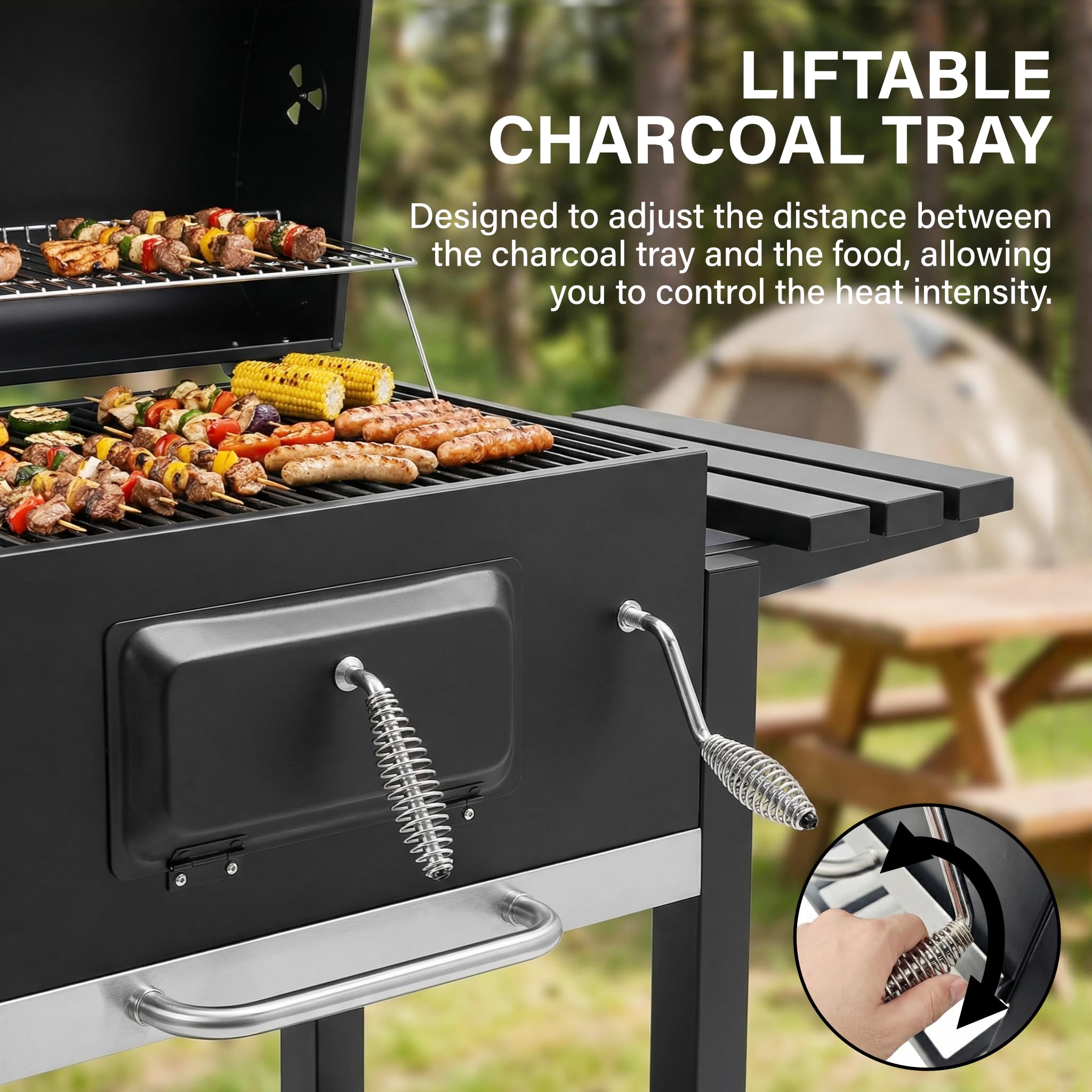 Barbecue Grill, Outdoor XXL Portable Charcoal BBQ Smoker with 2 Foldable Side Tables, Built-in Thermometer - Image 3