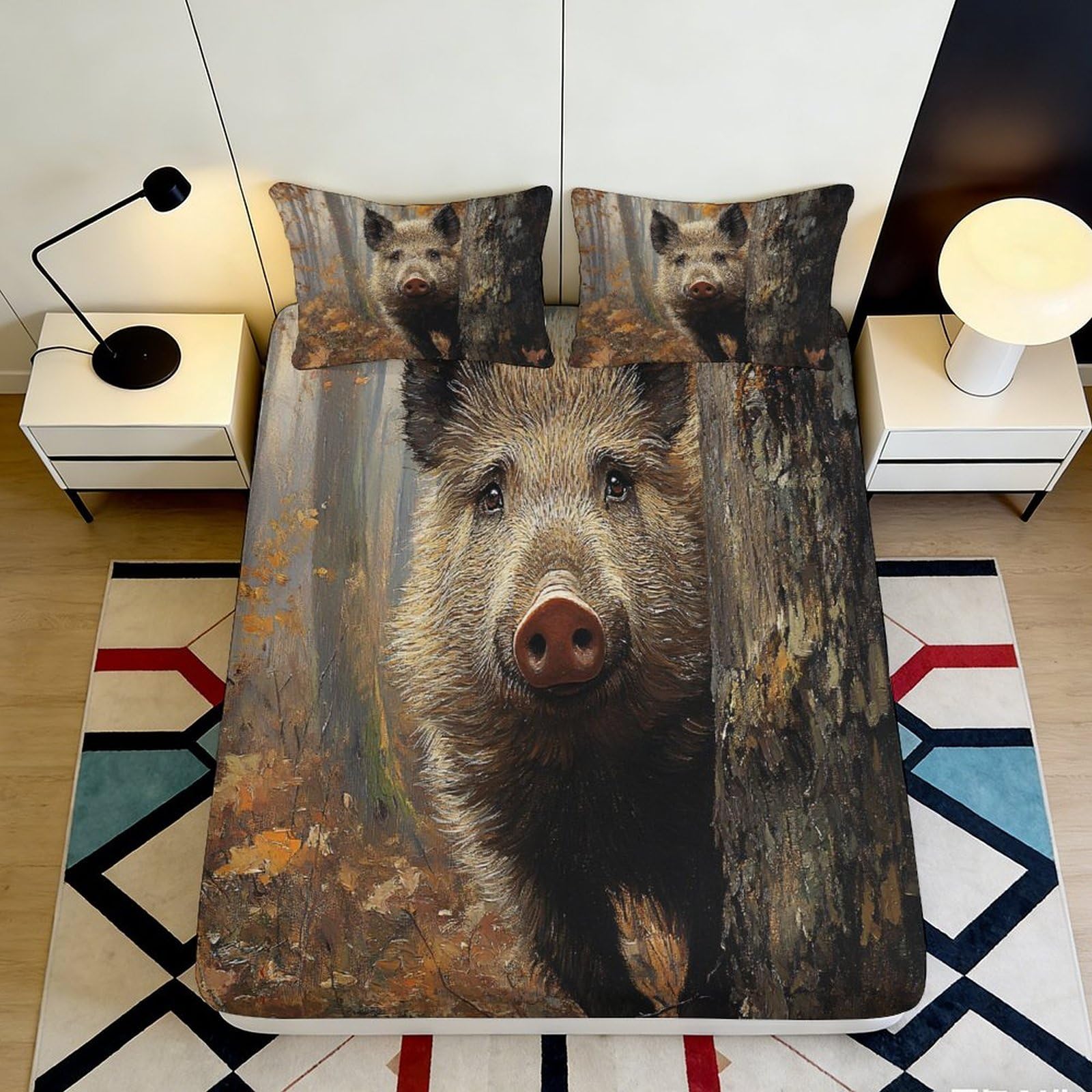 3D Printed Wild Boar Forest Fitted Sheet Microfiber Non Slip Autumn Woods Mattress Cover Bedroom Decor 160x200x25cm
