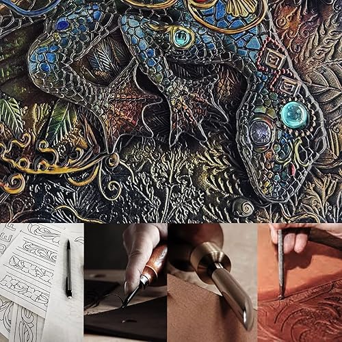 Miniatura 8 de Cuaderno de escritura de cuero con relieve de lagarto, 2 unidades, cuaderno DND de tapa dura con marcador luminoso, cuaderno de viaje A5 con patrón