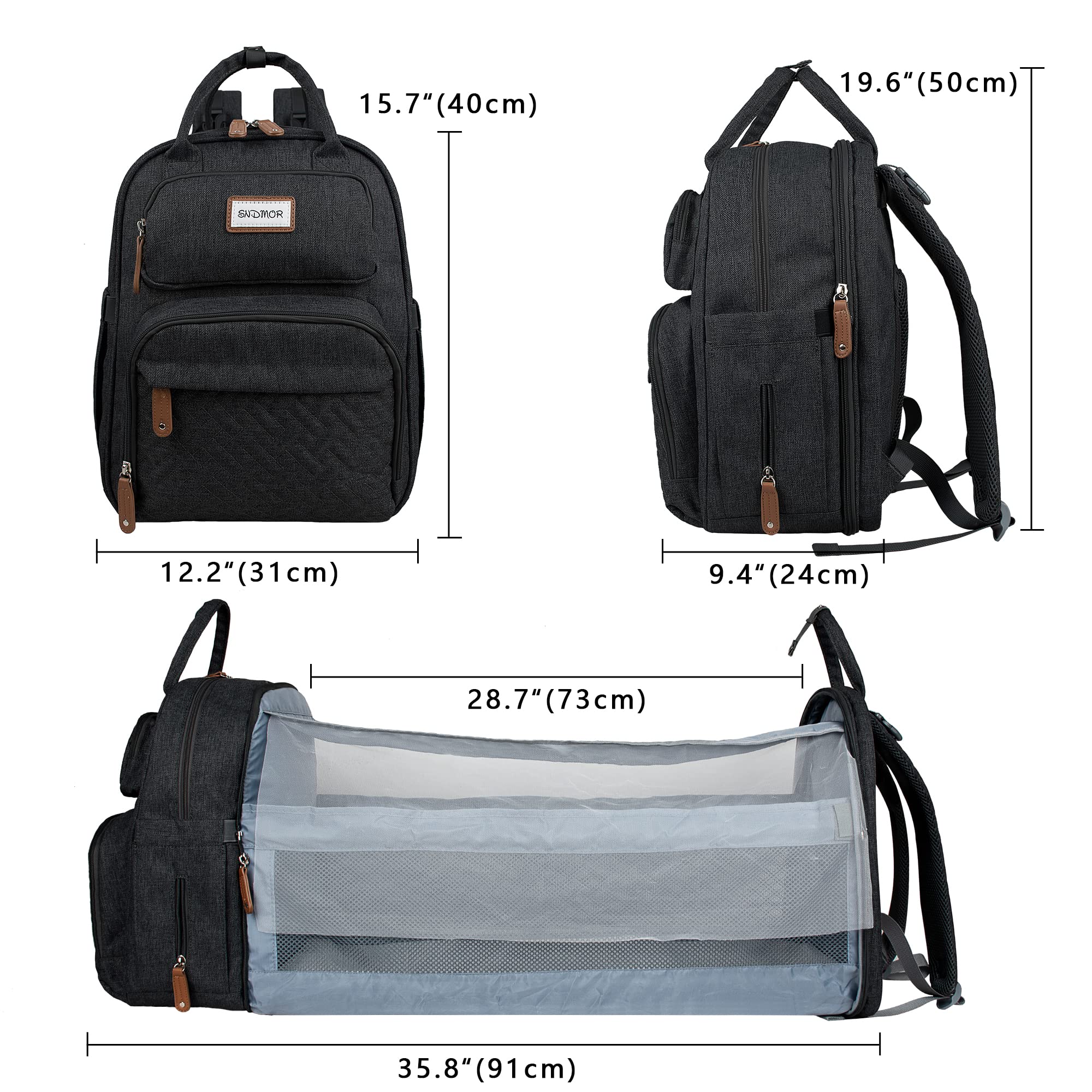 SNDMOR Zaino per fasciatoio, Borsa per fasciatoio con fasciatoio, Borsa per bebè unisex grande con fasciatoio, Grande capacità, Impermeabile alla moda (Nero)