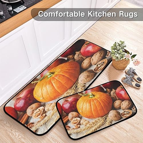 Miniatura 4 de Juego de 2 alfombras de cocina de otoño con diseño de manzanas y calabazas, alfombra de pasillo de madera rústica, lavable, antideslizante, lavable,