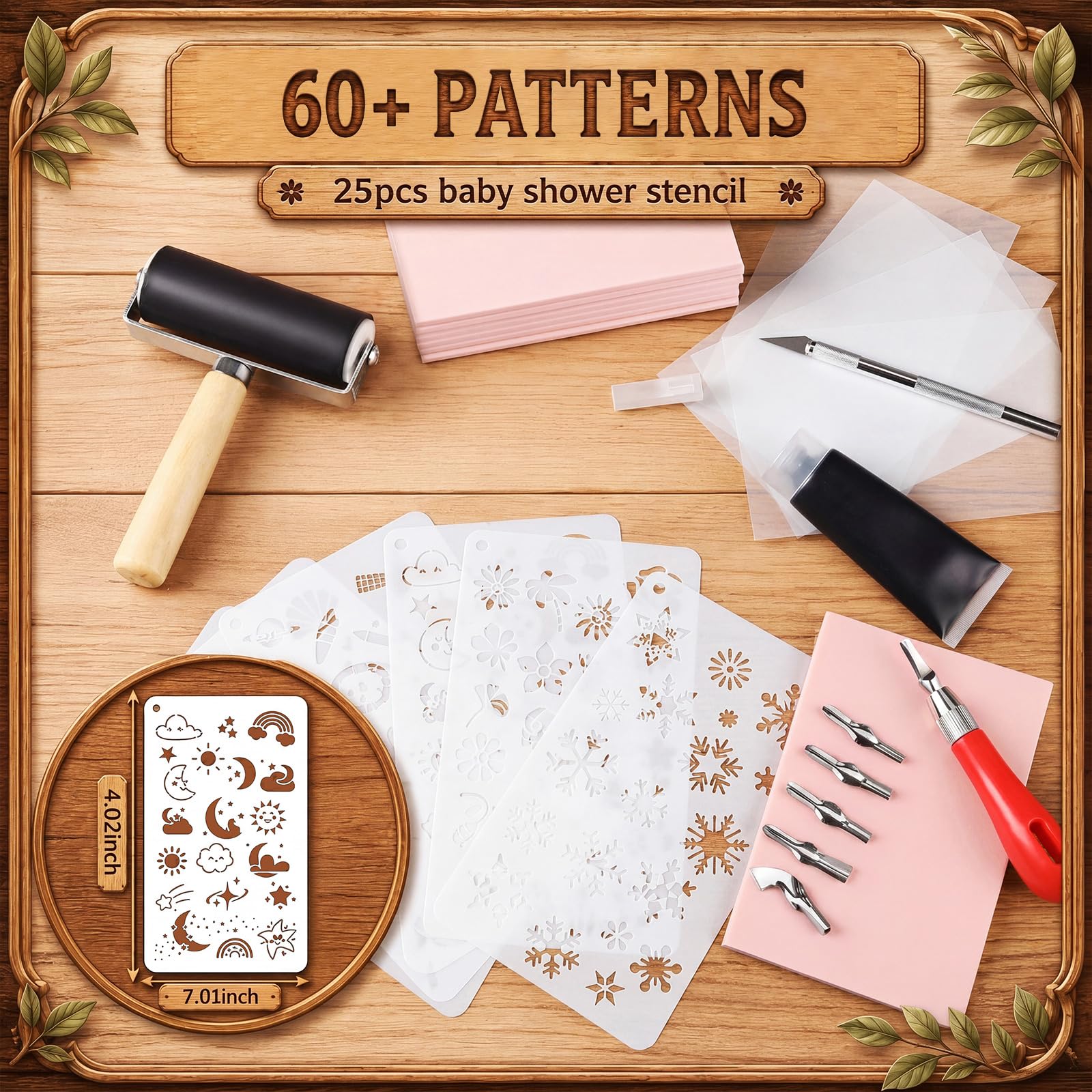 Qeeenar 97-teiliges Linolschnitt-Set für Druckherstellung, Stempelherstellung, Starter-Set mit 12 weichen rosa Gummi-Schnitzblöcken, Linoleumschneider, Werkzeuge, Brayer-Roller, schwarze Tinte und
