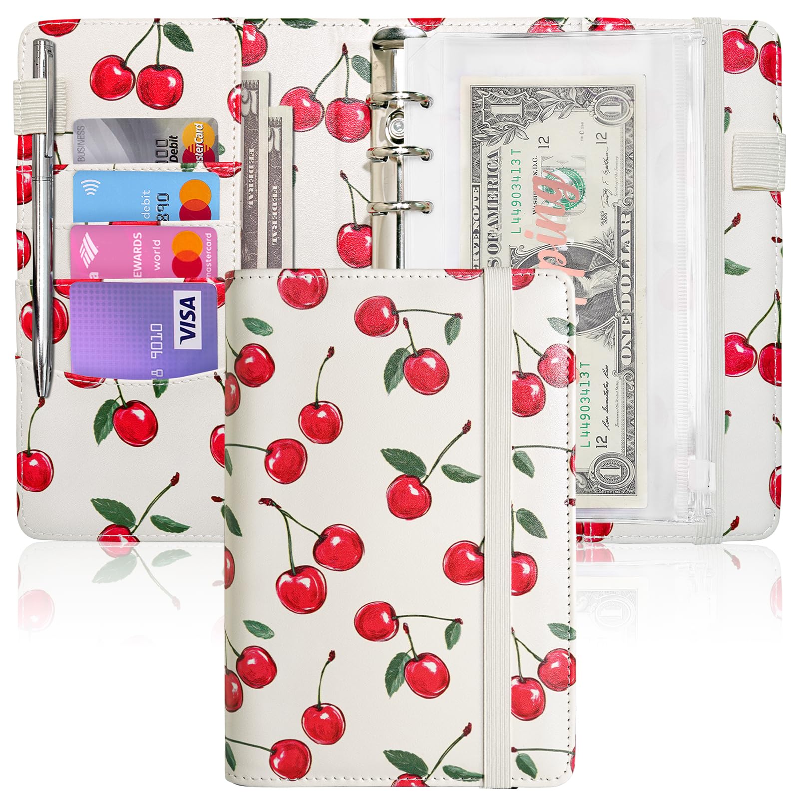 A6 Budget Binder for Money Saving, PU Leather Budget Planner with 8 Cash Envelopes, Budget Sheets &amp; Rose Gold Category Stickers, Money Organizer for Cash (Cherry Cream)