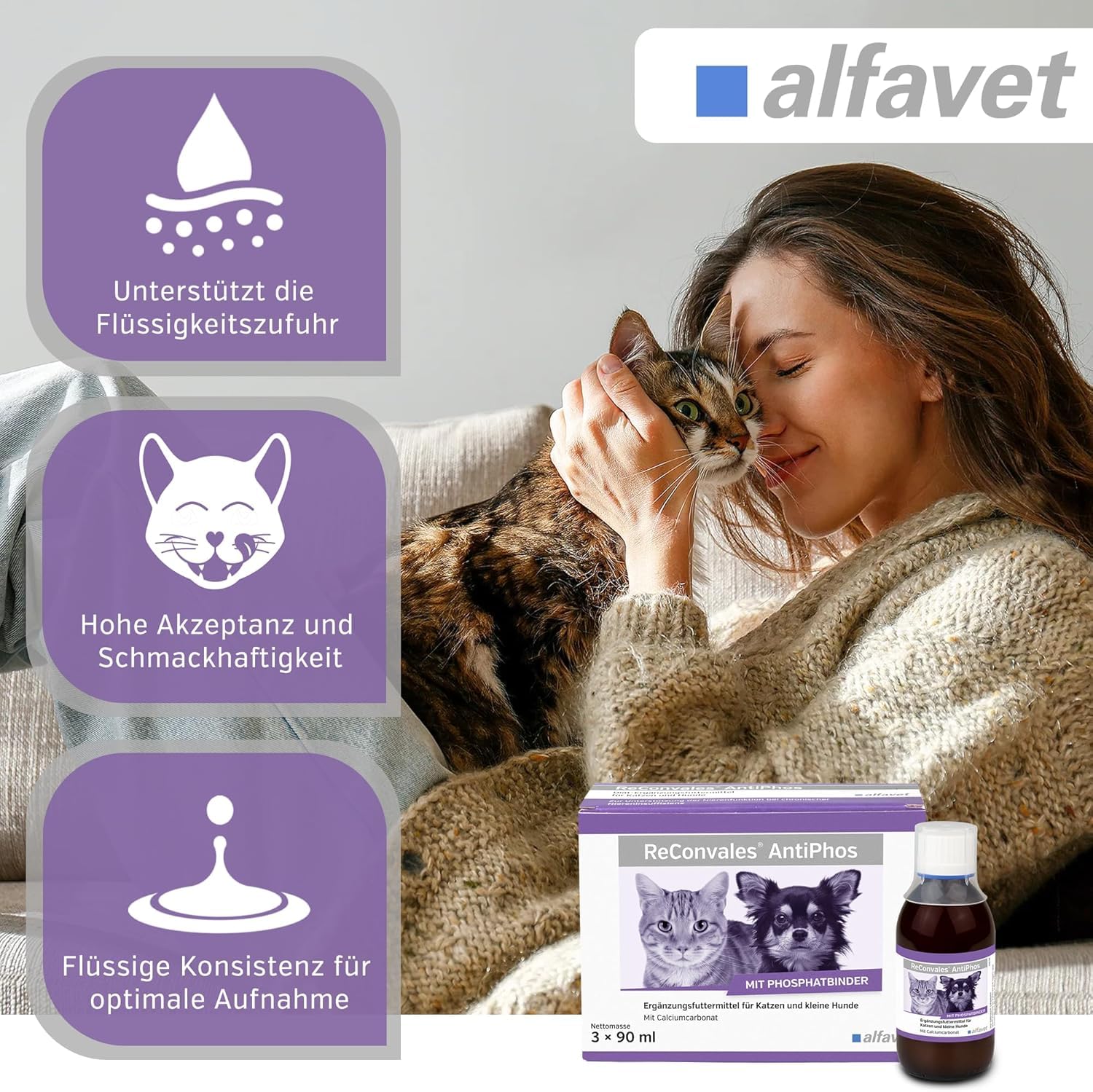 Alfavet ReConvales AntiPhos, zur Unterstützung der Nierenfunktion von Katzen und Hunden, Nahrungsergänzung mit Phosphatbinder, 3 x 90 ml Flaschen