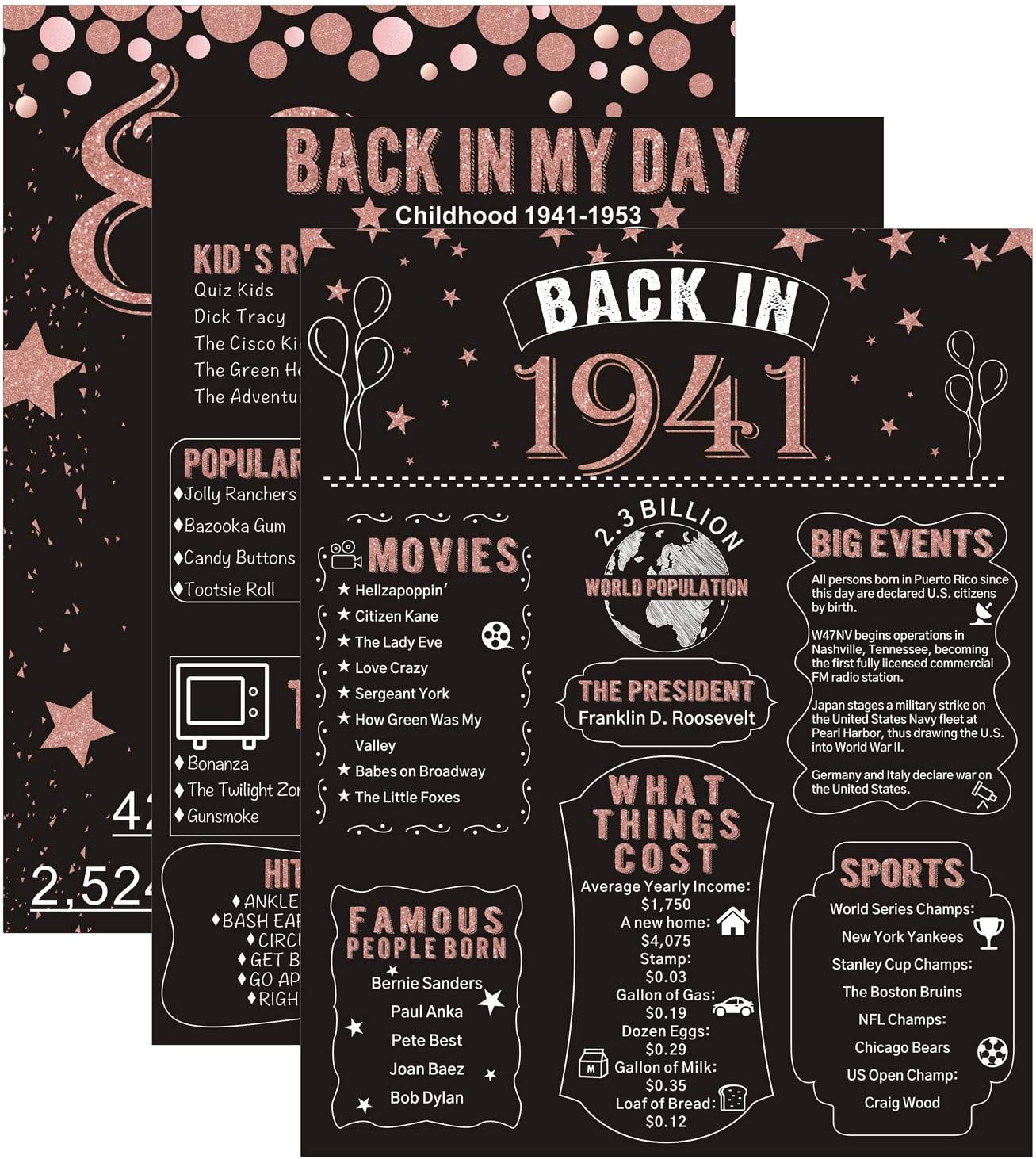 HOMANGA 81st Birthday Decorations for Women or Men, Rose Gold 3 Pieces 11”x 14” Back In 1941 Poster, 81 Years Party Wedding Anniversary Decoration Supplies, 81st Gifts for Women Her